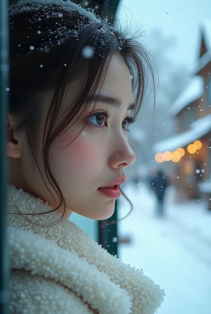 1womanl、late 20s age、(Strong-willed super beauty)、(ultra beautiful faces)、Wearing makeup、Wavy brown hair、Shallow depth of field、It's snowing since I got off the night train、Only the sound of the sea is heard、I also took the ferry alone、I was staring at the freezing seagull