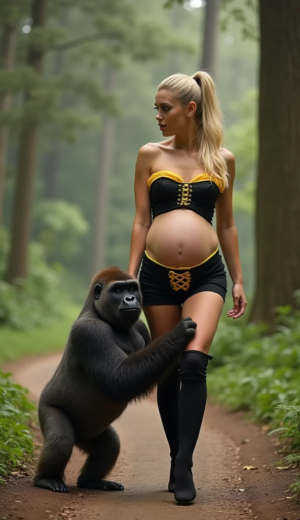 tranquil forest, a striking scene unfolds: a pregnant woman with a prominent belly gracefully walks along a winding path. She catches the eye in a bold black and yellow corset paired with thigh-high stockings, her blonde hair elegantly styled in a high ponytail. Beside her, a gentle gorilla stands, its arms wrapped affectionately around her waist, creating a heartwarming image of friendship. The background, a dreamy blur of trees and foliage, enhances the whimsical atmosphere of their stroll through nature.