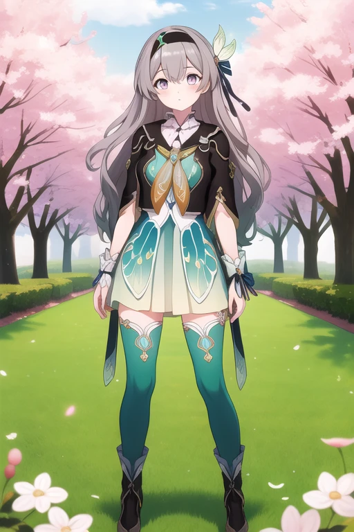 masterpiece,best quality,highres,ultra-detailed,(facing_viewer:1.1),solo,1girl,small breasts,standing,outdoors,garden,cherry blossom,trees,cowboy shot,firefly,black hairband,long hair,grey hair,jacket,orange neckerchief,thighhighs, full body , full body art , young girl