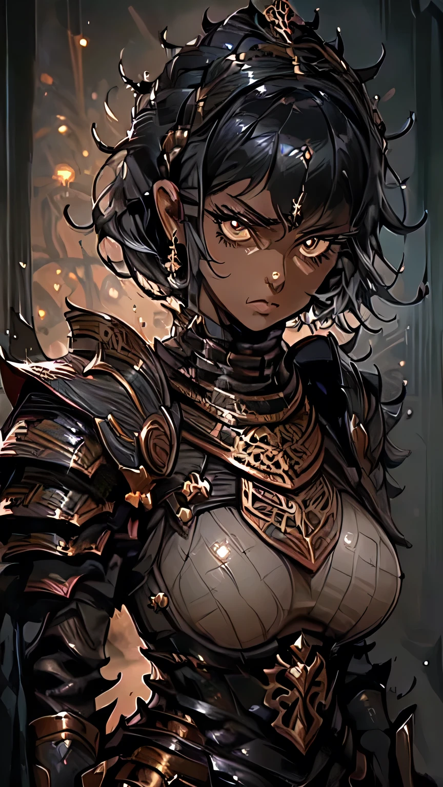 1woman,(((dark skin))),curly short hair,black hair,golden eyes,stand,against the wall,((eaba)),(armor),(cleavage),looking at the viewer,angry,photo from above, view from above,(((expressive eyes, long eyelashes))).NSFW