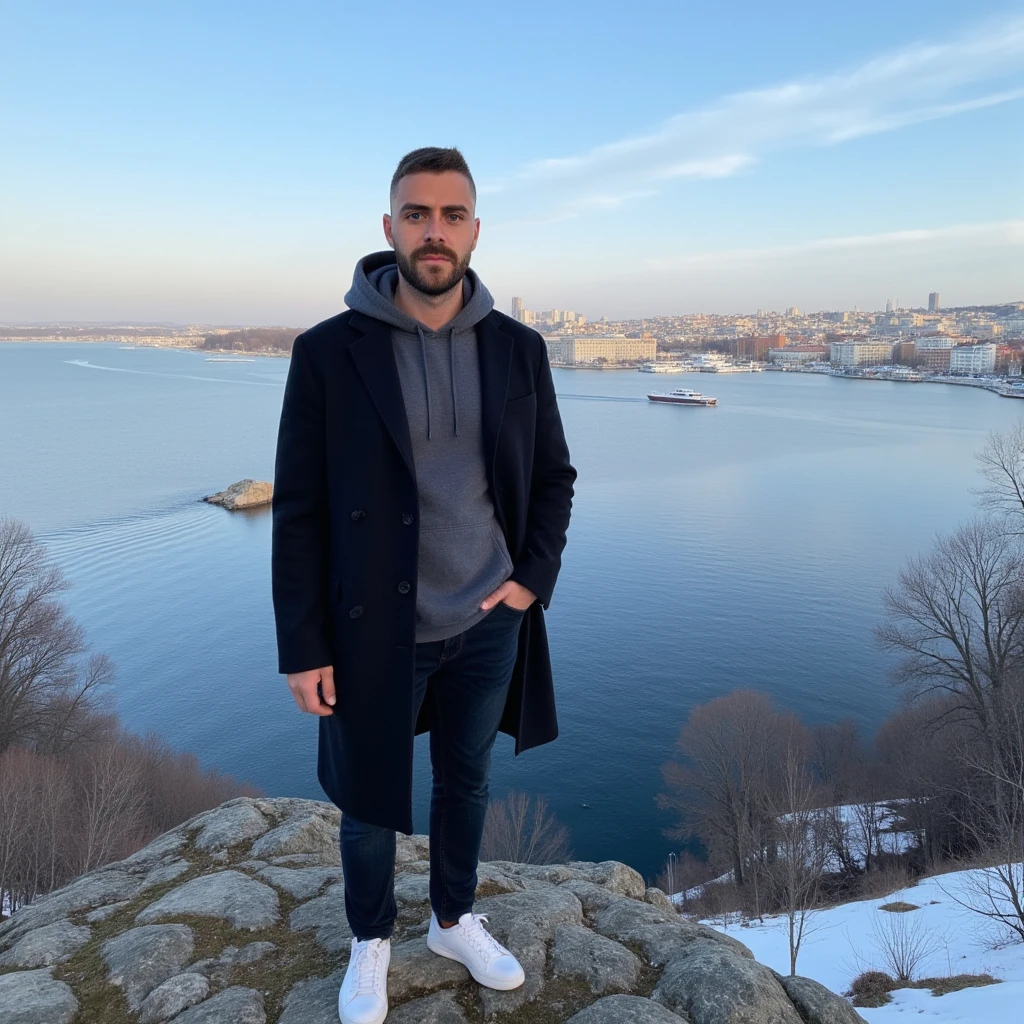 A young man have a light skin tone, a neatly trimmed beard and mustache, with short, dark hair styled short on the sides and longer on top. and a subtle, natural smile that suggests he is enjoying the moment, stands on a rugged cliff overlooking a tranquil bay in Stockholm, Sweden. The scene captures a crisp winter morning with icy blue skies streaked by soft, wispy clouds. The man wears a long black  coat with neatly buttoned lapels and white sneakers. His vintage grey hoodie cover his head is a deep grey colour, with a soft and casual fabric that appears cosy and well-fitted. The hood is pulled up over his head, framing his face gently and slightly overlapping the lapels of his long black coat. The distant cityscape across the bay glimmers with sunlight, showcasing a harmonious mix of modern towers and classic Nordic architecture. A solitary boat glides smoothly across the water, leaving a delicate wake. Bare, leafless trees and patches of moss on the rocky outcrop add an organic texture, enhancing the serene, introspective mood of the moment. (masterpiece), (best quality), (ultra-detailed background), detailed face, perfect composition, intricate details