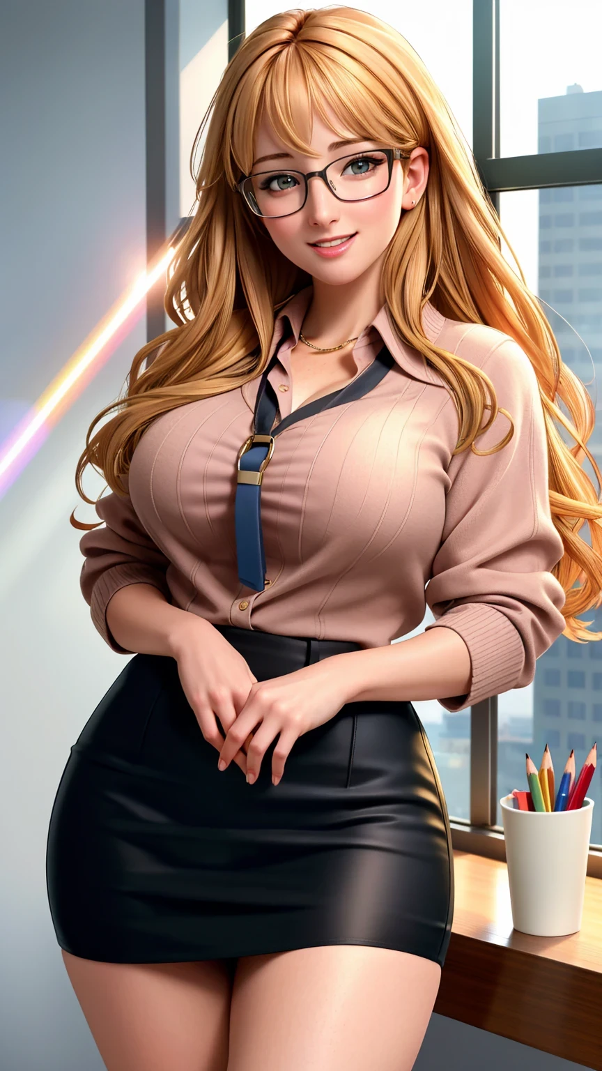 Realistic photo of a beautiful m3l1ss4rs woman, 1girl,solo,long hair,looking at viewer,smile,open mouth,blonde hair,brown hair,upper body,sweater,lips,realistic, soft lighting, professional Photography, Photorealistic, detailed, RAW, analog, sharp focus, 8k, HD, high quality, masterpiece(masterpiece: 1.0), (best_quality: 1.0), (best quality:1.4),(shiny skin), body focus, (cute face), (((best quality))), illustration, ((Beautiful Finger)), , Beautiful body, Beautiful character design, ,perfect lighting, Colorful, Bright_Front_face_Lighting, ultra high res, highres, absurdres:1.2, bokeh:1.2, lens flare, (vibrant_color:1.2), (Beautiful, large breasts:1.2), (thick thighs:1.1), THICK, 
1lady standing, /(casual shirt/) (pencil skirt:1.1) /(id card lanyard/), (mature female) bangs, blush kind smile, (masterpiece best quality:1.2) delicate illustration ultra-detailed, large breast BREAK /(modern office indoors/), window skyscraper, look at viewer, sweet smile, wearing office suit, black miniskirt, in office, small glassed, id card lanyard