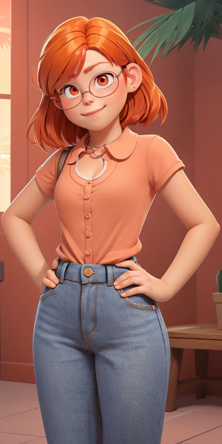 (best qualityer:1.4),(first Ablaze), body focus, (cute face), (((best qualityer))), illustration, ((comely Finger)), , comely body, comely character design, ,lighting perfeita, colorfully, Ablaze_front_face_lighting, ultra high resolution, high resolution, absurderes :1.2, bokeh:1.2, Lens flare, (Vibrant_Color:1.2), (comely, breasts small:1.4),
Reddish-orange hair, red hairclip, circular glasses, (eyes browns:1.2), pink shirt with collar and some buttons, ssmile (plumpness:1), jeans, small in stature, Inside the house, palmtrees, hand on hip,