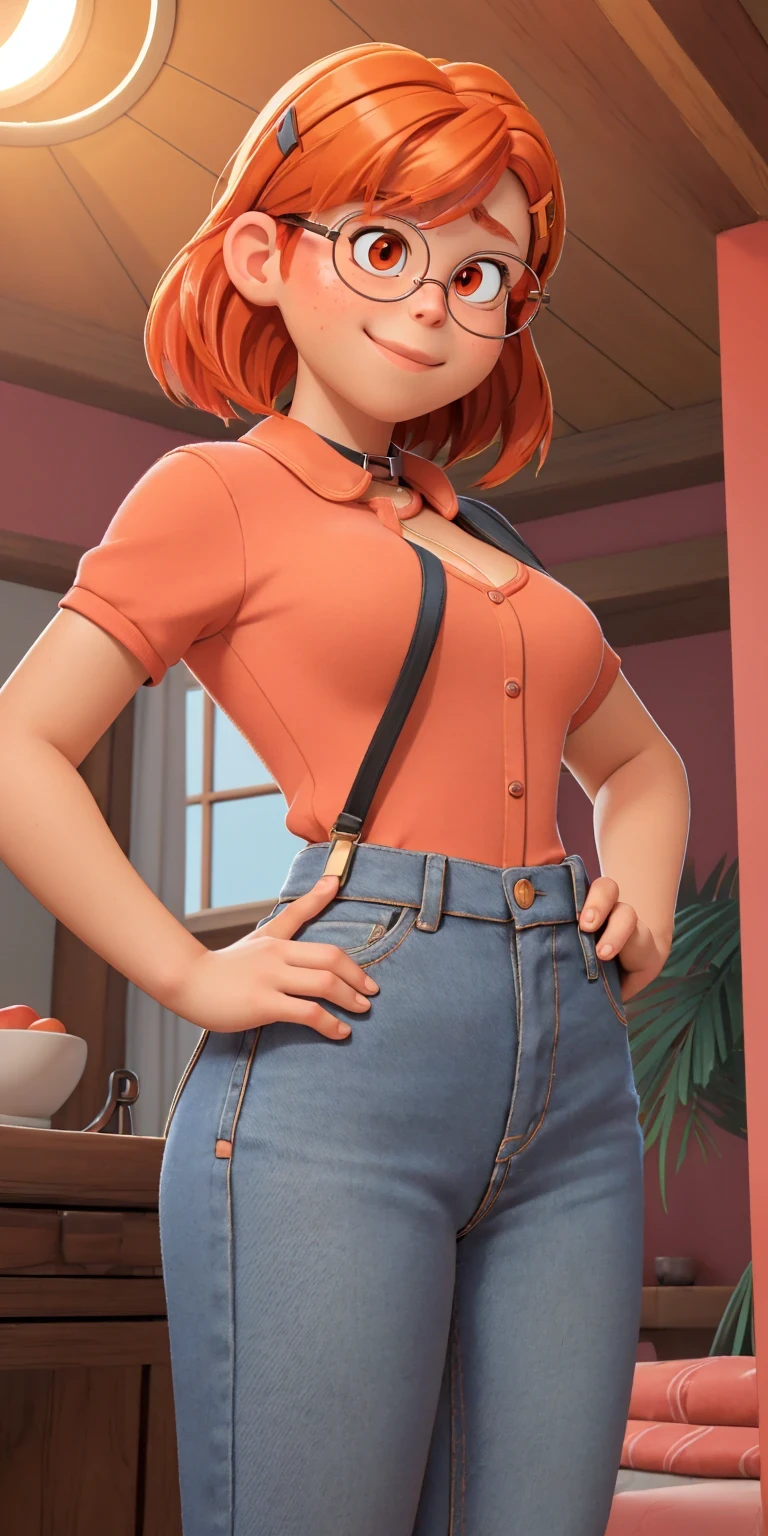 ((best quality)), ((masterpiece)), (detailed), perfect face, short hair, curly hair, ginger hair, large hips, big butt, thick thighs, pink eyes, overhals, short shorts, thigh high socks, wide open legs, face sitting cam