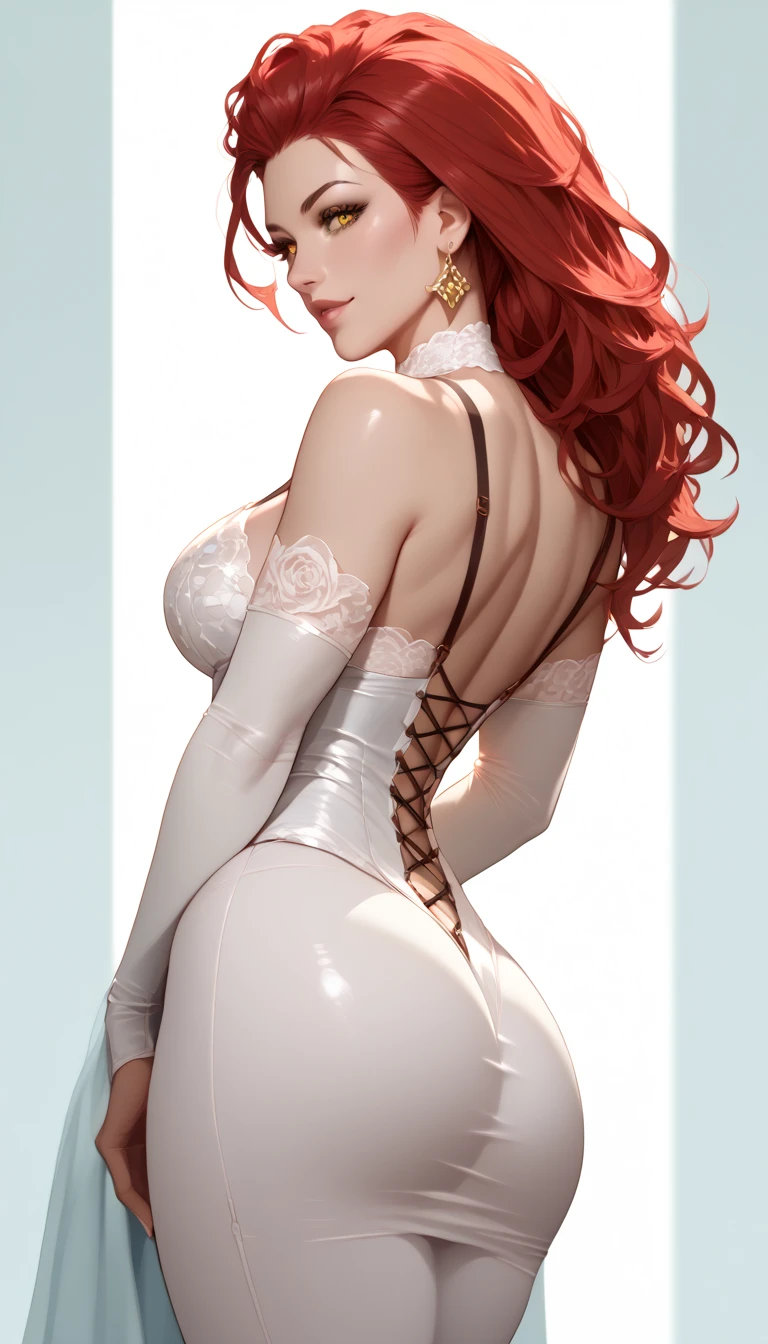 karinuzumaki, ((long hair, red hair, bangs, glowing red eyes, glasses, wide eyes, lipstick, makeup, narrow waist, skinny, medium breasts, alone, gloves)), pelvic curtain, ((white dress, wedding dress, Scooped up the ass, gloves)), full body, perfect body, (insanely detailed, beautiful detailed face, masterpiece, best quality) , (((solo))), (((1girl))), (((mature))), (extremely detailed 8k paper CG wall unit: 1.1), (wedding, konohavillage, head statues of hokage at mountain, flower, at dawn, church, out of church, cloudy sky, dusk), (smile face for the viewer), big ass, from back, behind, View from above, Diagonal view