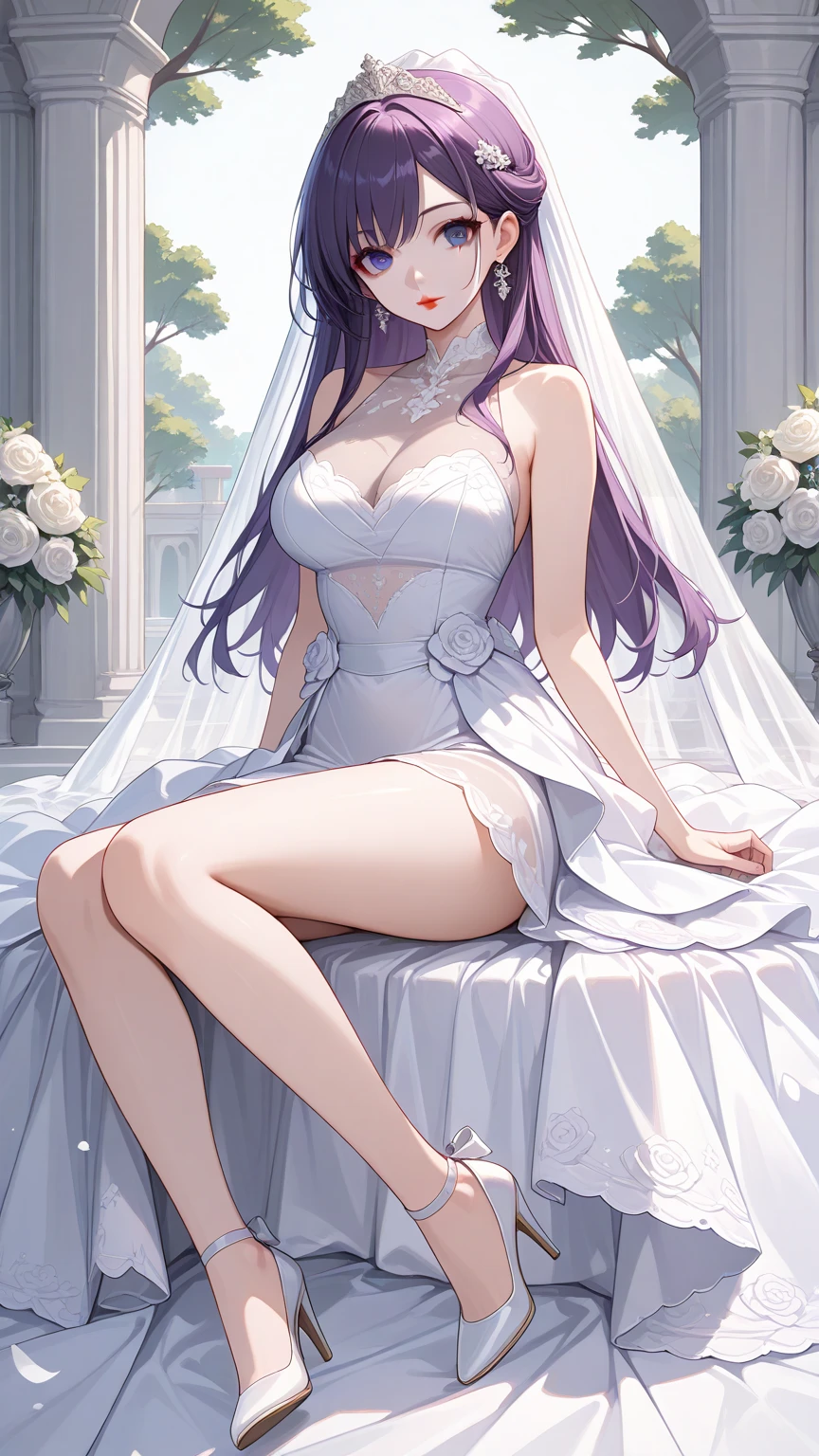 1girl, solo, long hair, breasts, looking at viewer, large breasts, hair ornament, dress, cleavage, bare shoulders, jewelry, sitting, closed mouth, full body, purple hair, earrings, sleeveless, day, indoors, white dress, high heels, tree, lips, see-through, legs, bare legs, makeup, white footwear, tiara, veil, wedding dress, red lips, bridal veil, bride