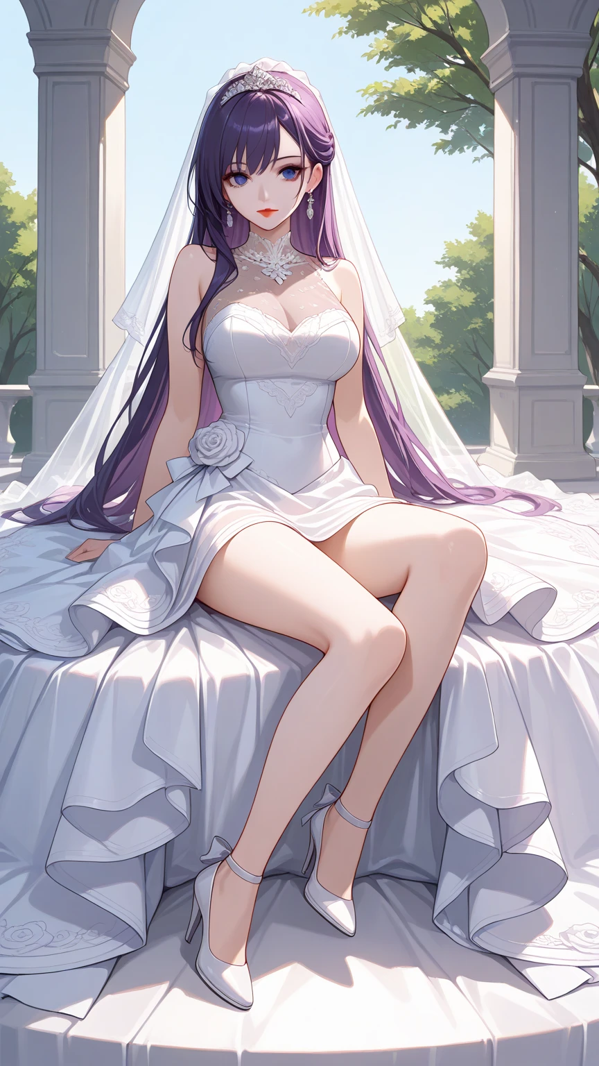 1girl, solo, long hair, breasts, looking at viewer, large breasts, hair ornament, dress, cleavage, bare shoulders, jewelry, sitting, closed mouth, full body, purple hair, earrings, sleeveless, day, indoors, white dress, high heels, tree, lips, see-through, legs, bare legs, makeup, white footwear, tiara, veil, wedding dress, red lips, bridal veil, bride