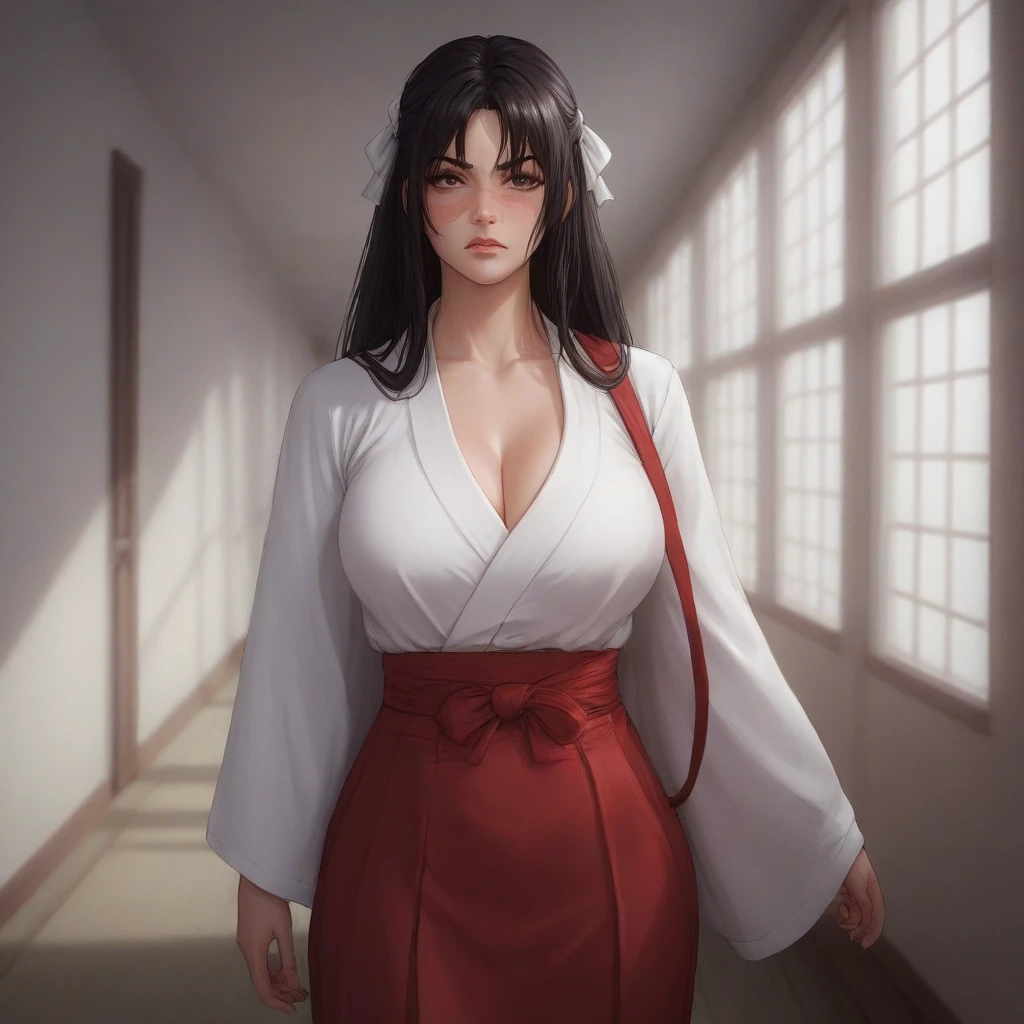 1 girl, Utahime Iori, black hair, long hair, collarbone, wearing japanese clothes, large white kimono, very long red skirt, standing, blushing, japanese school hallway, afternoon, realistic, scar on face, looking from distance, buttplug on ass, angry, small white ribbon on hair, big breasts, puckered vein on the forehead, detailed face