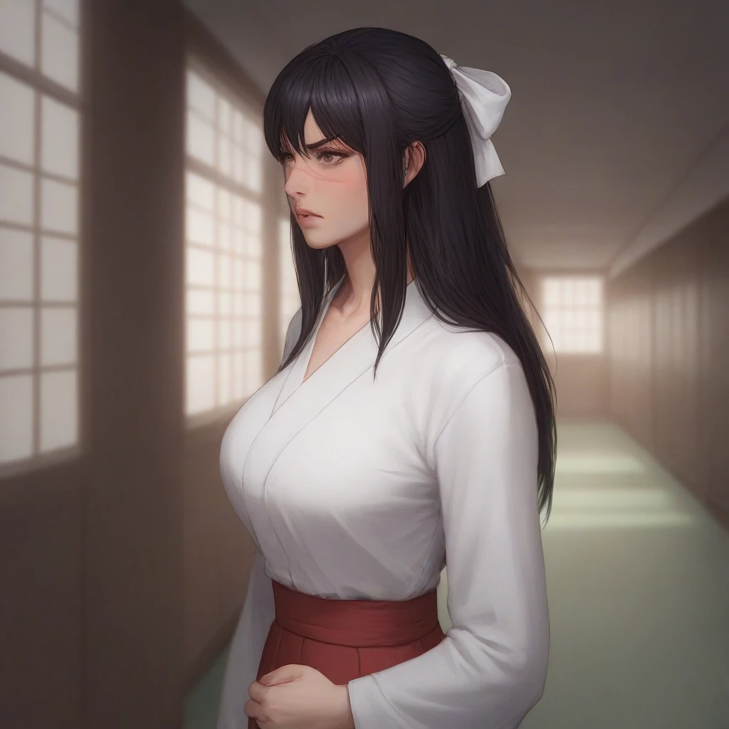 1 girl, Utahime Iori, black hair, long hair, collarbone, wearing japanese clothes, large white kimono, very long red skirt, standing, blushing, japanese school hallway, afternoon, realistic, scar on face, looking from distance, buttplug on ass, angry, small white ribbon on hair, big breasts, puckered vein on the forehead, detailed face