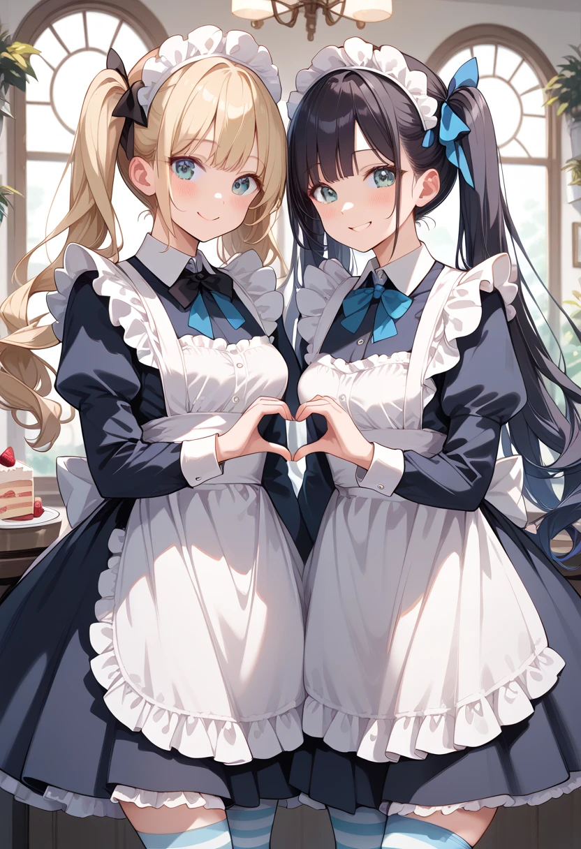 ((masterpiece, best quality, ultra detailed, high resolution, detailed facial description)), (2 girls:1.3, Girls with height differences), (1 girl is tall:1.2, black long hair), (1 girl is short:1.2, twin tails), (maid, maid headdress, maid apron), (mini skirt:1.2, striped thigh highs:1.1), (modest breasts:1.3), (good smile, blush:1.3), (spoken heart), heart hands, standing, skirt tug:1.2, (inside, maid cafe, cake), nsfw