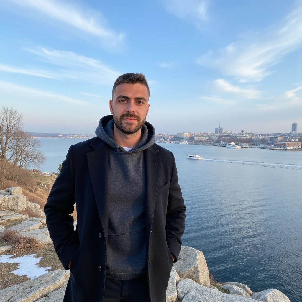 A young man have a light skin tone, a neatly trimmed beard and mustache, with short, dark hair styled short on the sides and longer on top. and a subtle, natural smile that suggests he is enjoying the moment, stands on a rugged cliff overlooking a tranquil bay in Stockholm, Sweden. The scene captures a crisp winter morning with icy blue skies streaked by soft, wispy clouds. The man wears a long black coat with neatly buttoned lapels and white sneakers. His vintage grey hoodie cover his head is a deep grey colour, with a soft and casual fabric that appears cosy and well-fitted. The hood is pulled up over his head, framing his face gently and slightly overlapping the lapels of his long black coat. The distant cityscape across the bay glimmers with sunlight, showcasing a harmonious mix of modern towers and classic Nordic architecture. A solitary boat glides smoothly across the water, leaving a delicate wake. Bare, leafless trees and patches of moss on the rocky outcrop add an organic texture, enhancing the serene, introspective mood of the moment. (realistic) (masterpiece), (best quality), (ultra-detailed background), detailed face, perfect composition, intricate details