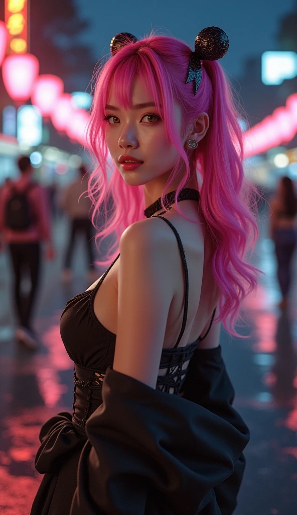 In a world full of trends, I want to remain a classic
Prompt: 
HDR, High resolution, 8k resolution, , sharp nose, (((pink hair))) , award winning photo, sexy pose, (((smooth skin))) , ((big juicy lips)) , (facing viewer) , (((hourglass figure))), (((cinematic effect))) , arms behind back, Fujifilm XT3, photorealistic, depth of field, (((facing viewer))), (((sweaty))), , seductive smile, (neon lights), (((black turtleneck dress))), no defects, no defect