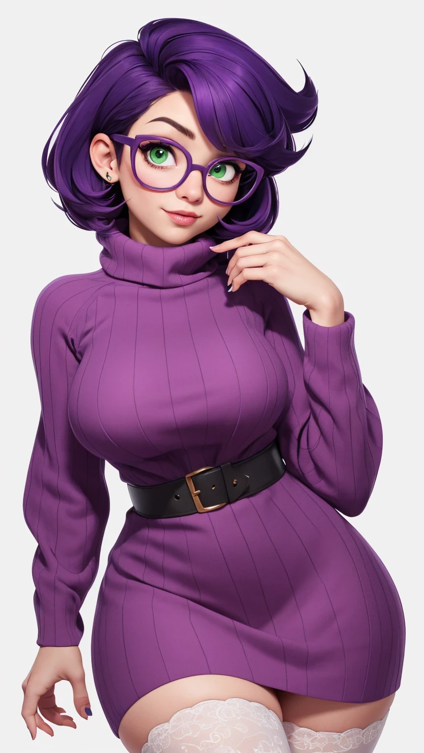 (1girl, solo, masterpiece, 4k, best quality:1.2, best quality:1.2, NICE HANDS, COLORFUL, (perfect hands, perfect anatomy)),
mommy wicke, purple hair,green eyes,glasses,short hair,
turtleneck, ribbed sweater, sweater, turtleneck sweater, thighhighs,
((medium breasts, big hips, looking at the viewer)), (short dress),
((simple background, white background)), sexy toon,
<lora:GoodHands-vanilla:0.7>