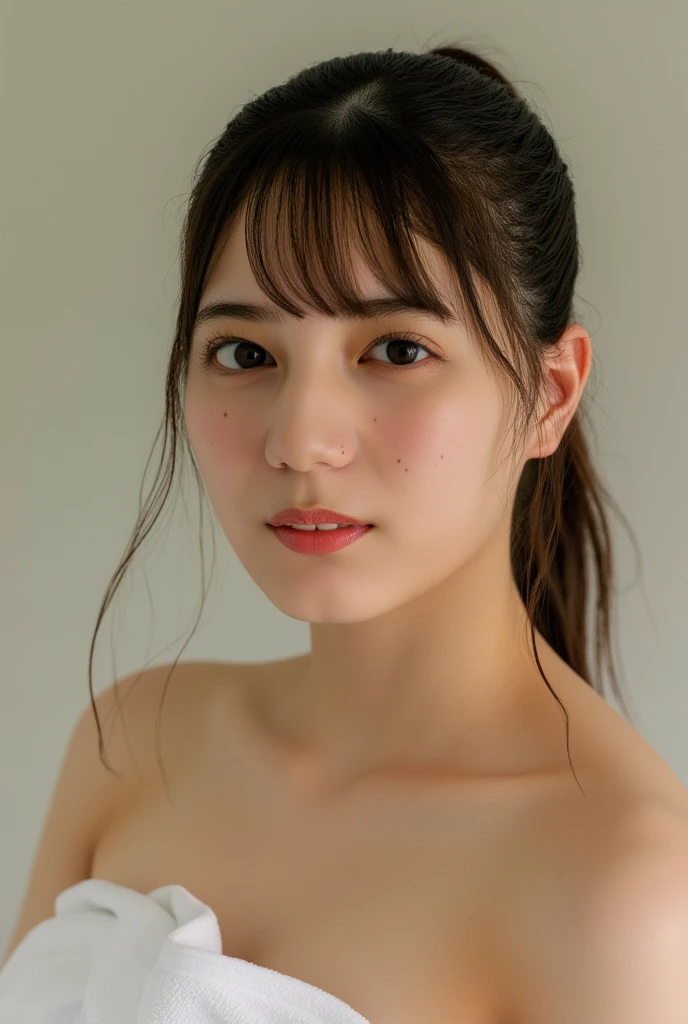 (((top-down configuration:1.4))), (best quality:1.4), (ultra highres:1.2), (photorealistic:1.4), (16k, RAW photo:1.2), (portrait shot:1.3), professional lighting, Japanese goddess, gravure, detailed face and skin texture, detailed eyes, looking at camera, nsfw, beautiful eyes, detailed eyes, beautiful face, detailed face, ((shy:1.5)), (blush:1.3), (highest quality), glowing skin, (smooth lighting:1.2), (cinema lighting:1.2), side view 1girl, looking away, ((naked towel:1.3)), ((her body is covered with towel:1.3)), (cleavage:1.3), ((large breasts:1.4)), (wet thighs:1.3), in bath dressing room, ((steam fog:1.2)), ((sweat:1.5)), wet, (arms back head:1.4), ((emphasize armpits:1.4)), from side