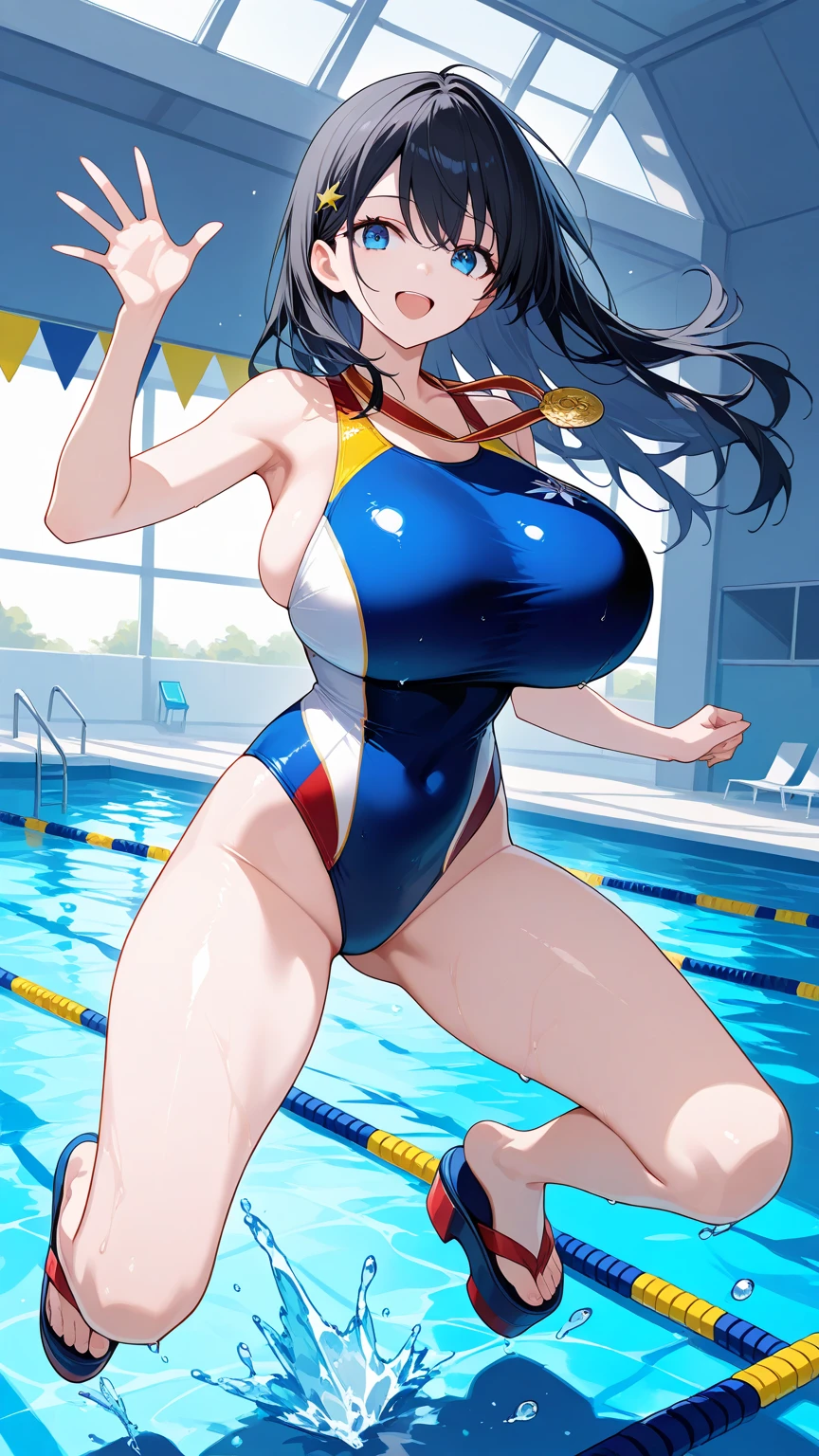 1 girl, solo, long hair, looking at the audience, breasts, medal, black hair, bare shoulders, strapping swimsuit, swimming pool, huge breasts, blue swimsuit, color stripe, five-star red flag sign, gold medal, pool, jumping platform, tight skin, shiny skin, water droplets, waving