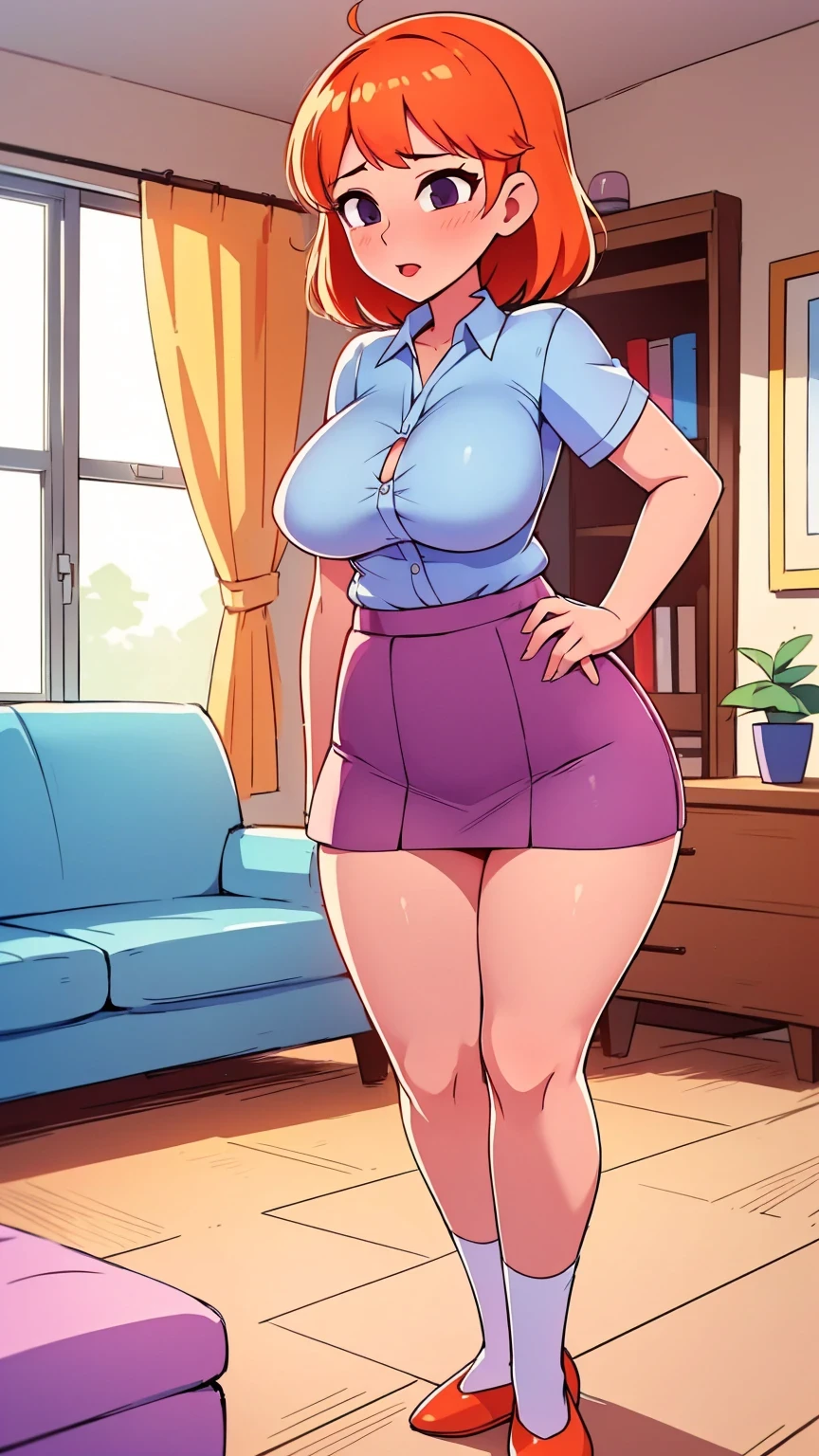  a  girl sexy attractive beautiful cool popular short orange hair disheveled cut light red lip wears long light blue button shirt sensual curves and a short purple miniskirt pair short blue socks legs white heel she walking living room class, huge breasts, lifting skirt, tall, lifting skirt