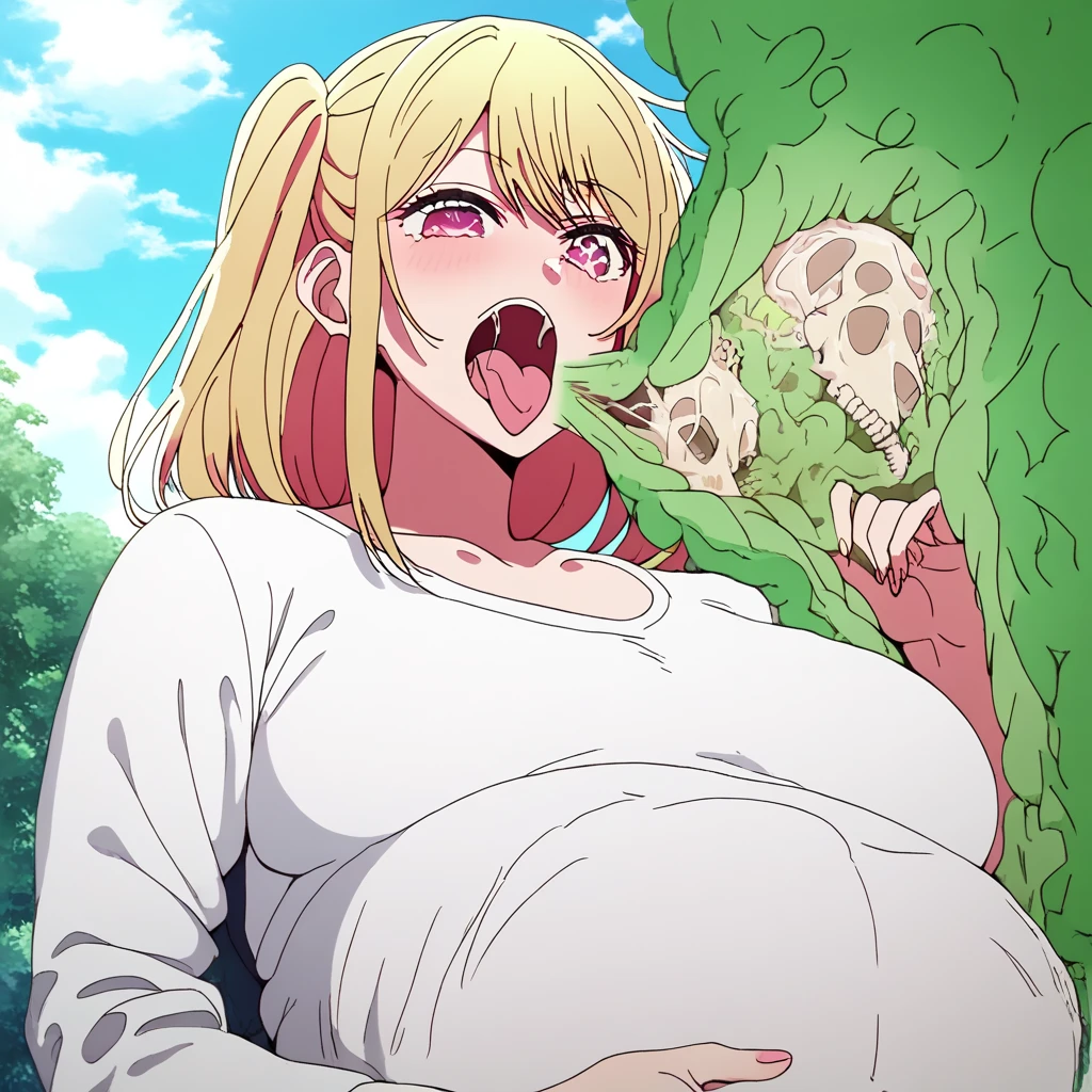 A person trapped inside Ai Hoshino's belly. X ray vore. burping, mass vore, digesting, bones. Ai hoshino lets out a massive green burp to show she is satisfied,, 10 prey in her stomach, 1 pred, 1 Girl, Ai Hoshino's eyes are  6 pointed star pupils on both eye, High Details, burping up bones, ruby hoshino at the right mixing her boney burps, bones, skull, gas, green cloud, hot breathe