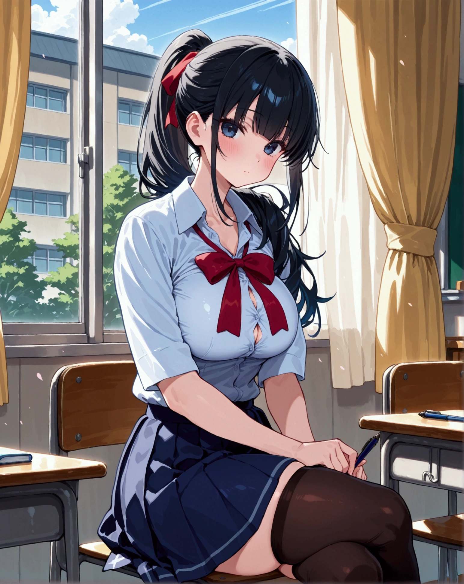 high school girl、Dressed in high 、School classroom、(Big Breasts)、Grinning face、There is only one person、((((独奏))))、(one girl)、smirk、