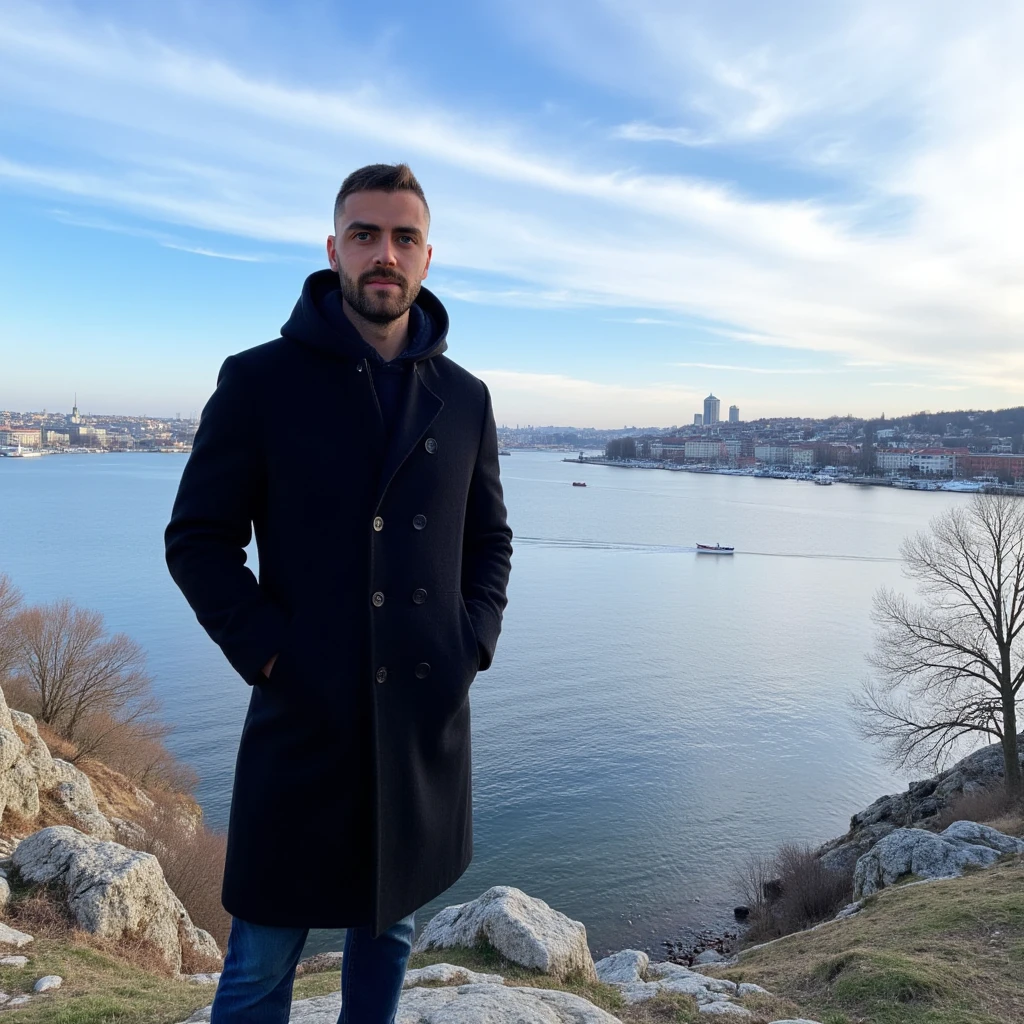 A young man have a light skin tone, a neatly trimmed beard and mustache, with short, dark hair styled short on the sides and longer on top. and a subtle, natural smile that suggests he is enjoying the moment, stands on a rugged cliff overlooking a tranquil bay in Stockholm, Sweden. The scene captures a crisp winter morning with icy blue skies streaked by soft, wispy clouds. The man wears a long black coat with neatly buttoned lapels and white sneakers.  with a soft and casual fabric that appears cosy and well-fitted. The hood is pulled up over his head, framing his face gently and slightly overlapping the lapels of his long black coat. The distant cityscape across the bay glimmers with sunlight, showcasing a harmonious mix of modern towers and classic Nordic architecture. A solitary boat glides smoothly across the water, leaving a delicate wake. Bare, leafless trees and patches of moss on the rocky outcrop add an organic texture, enhancing the serene, introspective mood of the moment. (masterpiece), (best quality), (ultra-detailed background), detailed face, perfect composition, intricate details