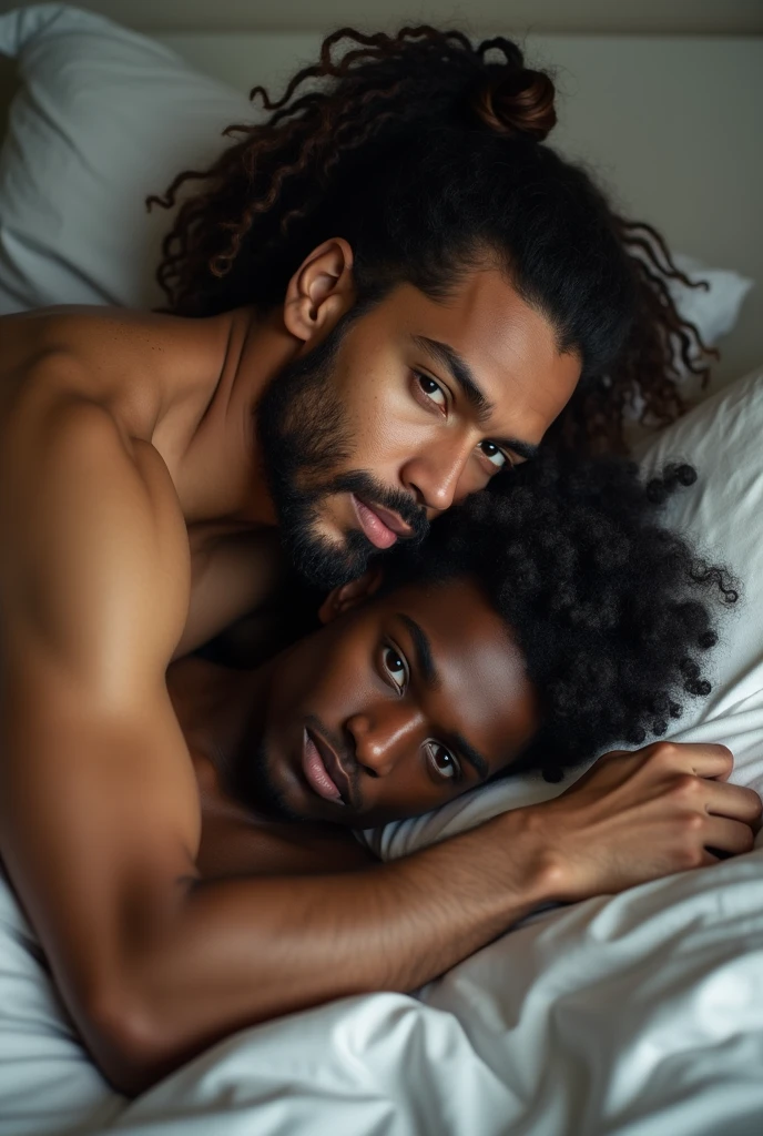 interracial gay house, with a black man (groom) and a mixed race man (bride) hugging in bed shirtless
