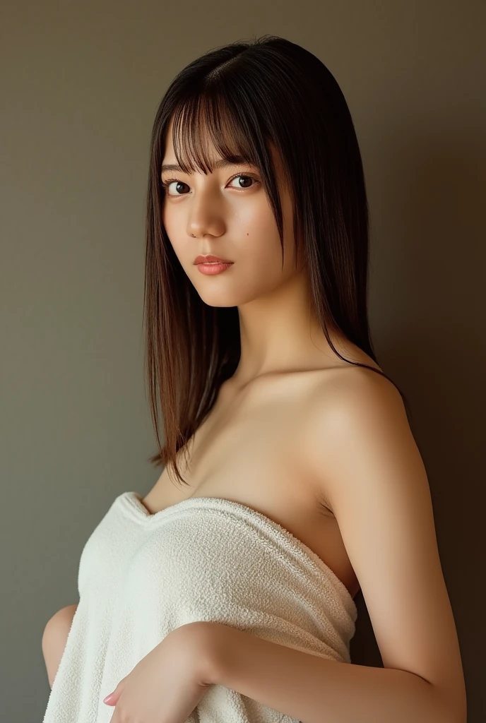 (((top-down configuration:1.4))), (best quality:1.4), (ultra highres:1.2), (photorealistic:1.4), (16k, RAW photo:1.2), (portrait shot:1.3), professional lighting, Japanese goddess, gravure, detailed face and skin texture, detailed eyes, looking at camera, nsfw, beautiful eyes, detailed eyes, beautiful face, detailed face, ((shy:1.5)), (blush:1.3), (highest quality), glowing skin, (smooth lighting:1.2), (cinema lighting:1.2), side view 1girl, looking away, ((naked towel:1.3)), ((her body is covered with towel:1.3)), (cleavage:1.3), ((large breasts:1.4)), ((bare thighs:1.3)), (wet thighs:1.3), ((bare legs:1.2)), (bare feet), in bath dressing room, ((steam fog:1.2)), ((sweat:1.5)), wet, (arms back head:1.4), ((emphasize armpits:1.4)), from side