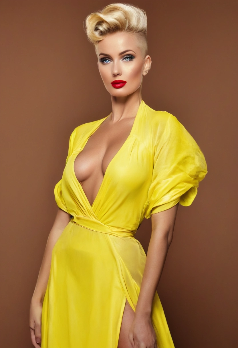 russian erotic mature, yellow hair , one shaved sides hair  ,   yellow blue eyes , big pump silicon lips  , yellow lipstick  neon dress 8k realistic most small micro bikini 