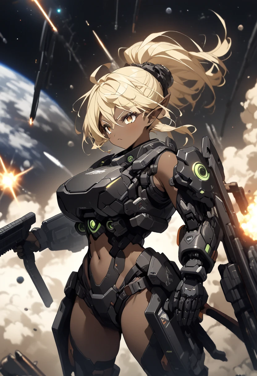 ( top quality 、 detailed images、Beautiful images、 official images )、((Near future、 outer space 、Space War))、( model body type、Blonde、 ponytail hair、short pointed ears 、 Big Breasts )、((( brown skin:1.5)))、( No Emotion)、(black cyber goggles、 black cyber body armor、black cyber shoulder armor、 black cyber boots 、black cyber gauntlet 、Missile Pack 、 Assault Rifle)、(( cowboy shot))、(Human Mobile Exoskeleton Weapon、 powered suit、shoulder cannon)、explosion、light、 Dynamic Poses