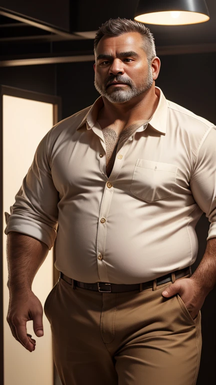 (best quality,4k,8k,highres,masterpiece:1.2), age 60, white man detective , horny disgusting, muscular chubby, kind, open silk shirt, mature daddy, Dress Pants with big hard bulge, hairy chest hard nipple, belt, loafer,