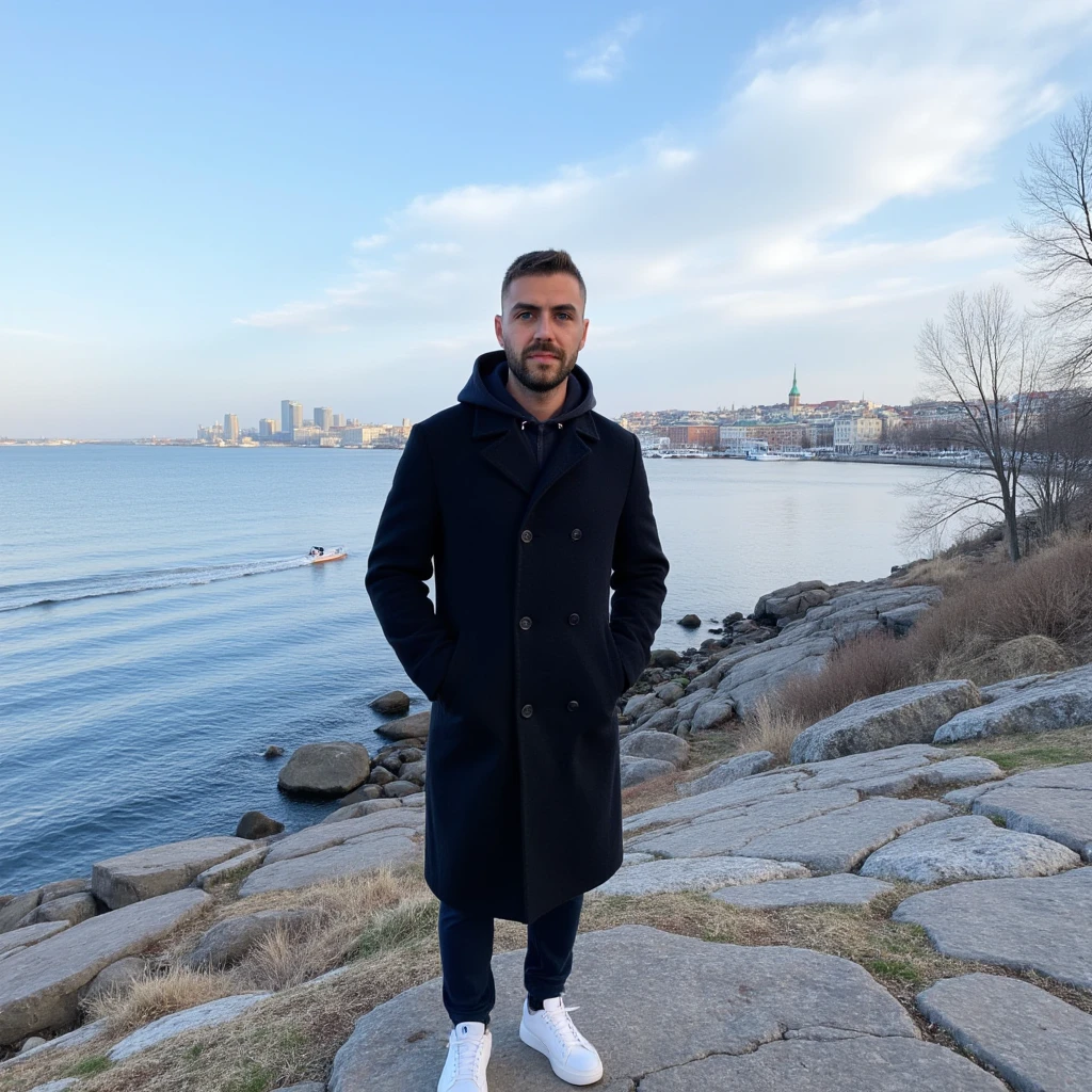 A young man have a light skin tone, a neatly trimmed beard and mustache, with short, dark hair styled short on the sides and longer on top. and a subtle, natural smile that suggests he is enjoying the moment, stands on a rugged cliff overlooking a tranquil bay in Stockholm, Sweden. The scene captures a crisp winter morning with icy blue skies streaked by soft, wispy clouds. The man wears a long black coat with neatly buttoned lapels and white sneakers. with a soft and casual fabric that appears cosy and well-fitted. The hood is pulled up over his head, framing his face gently and slightly overlapping the lapels of his long black coat. The distant cityscape across the bay glimmers with sunlight, showcasing a harmonious mix of modern towers and classic Nordic architecture. A solitary boat glides smoothly across the water, leaving a delicate wake. Bare, leafless trees and patches of moss on the rocky outcrop add an organic texture, enhancing the serene, introspective mood of the moment. (masterpiece), (best quality), (ultra-detailed background), detailed face, perfect composition, intricate details