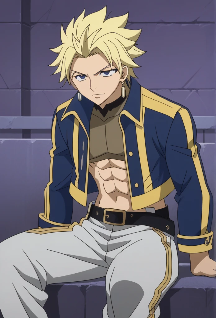 score_9, score_8_up, score_7_up, source_anime, rating_safe, StingFT, Sting blonde hair, light yellow Sting single earring, 1boy, male focus, anime screencap, blue-yellow Sting jacket, brown-black Sting v crop top, black-yellow Sting belt, grey Sting pants, cropped feet, sitting,