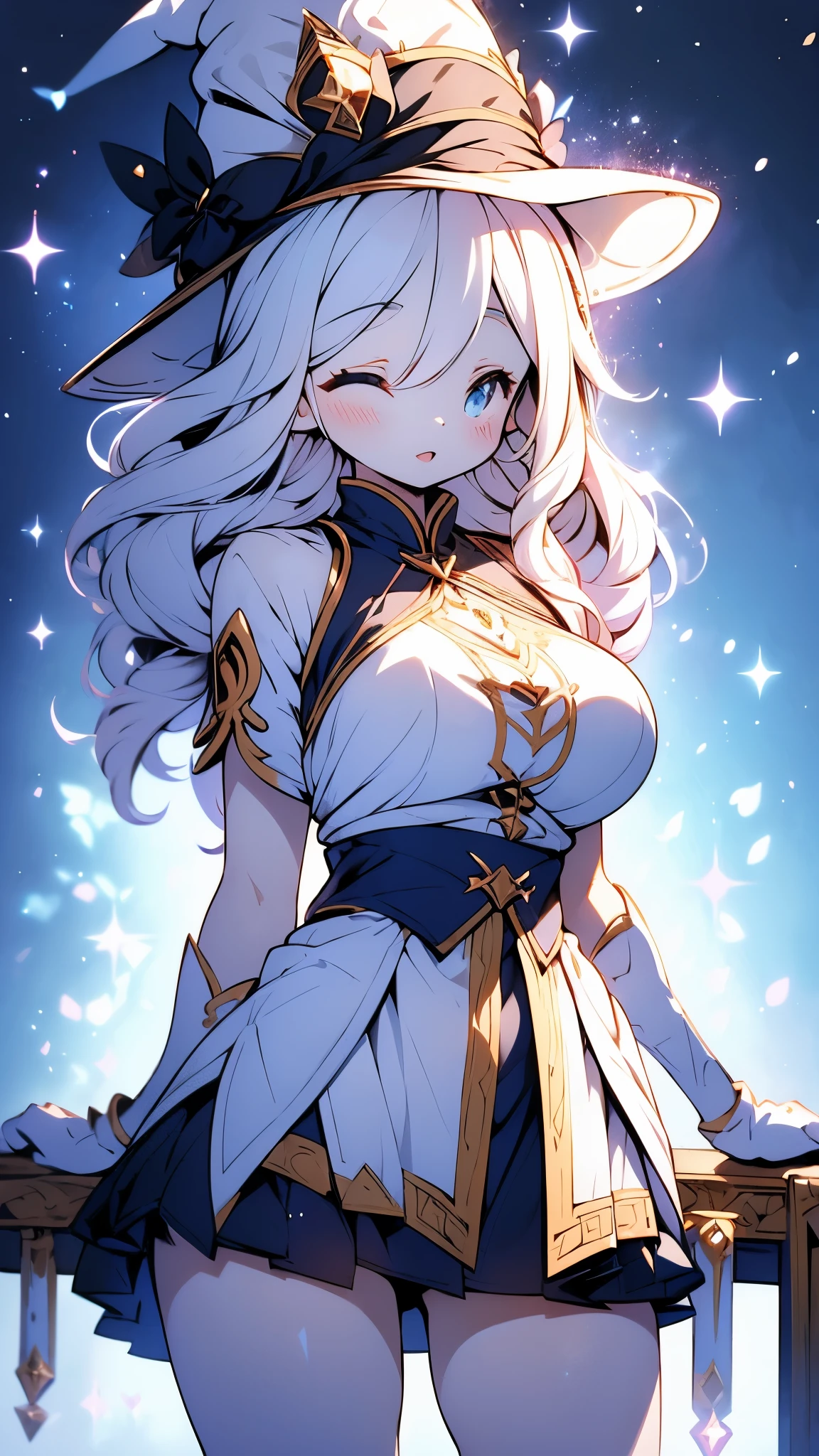 Magical Girl ,White hair,White hair,cute,Dress,Big breasts,Big breasts,紫色Dress,Peaked hat,Wizard Hat, close-up above waist ,Thin waist and wide hips, Fleshy Thighs ,Thick thighs,cute