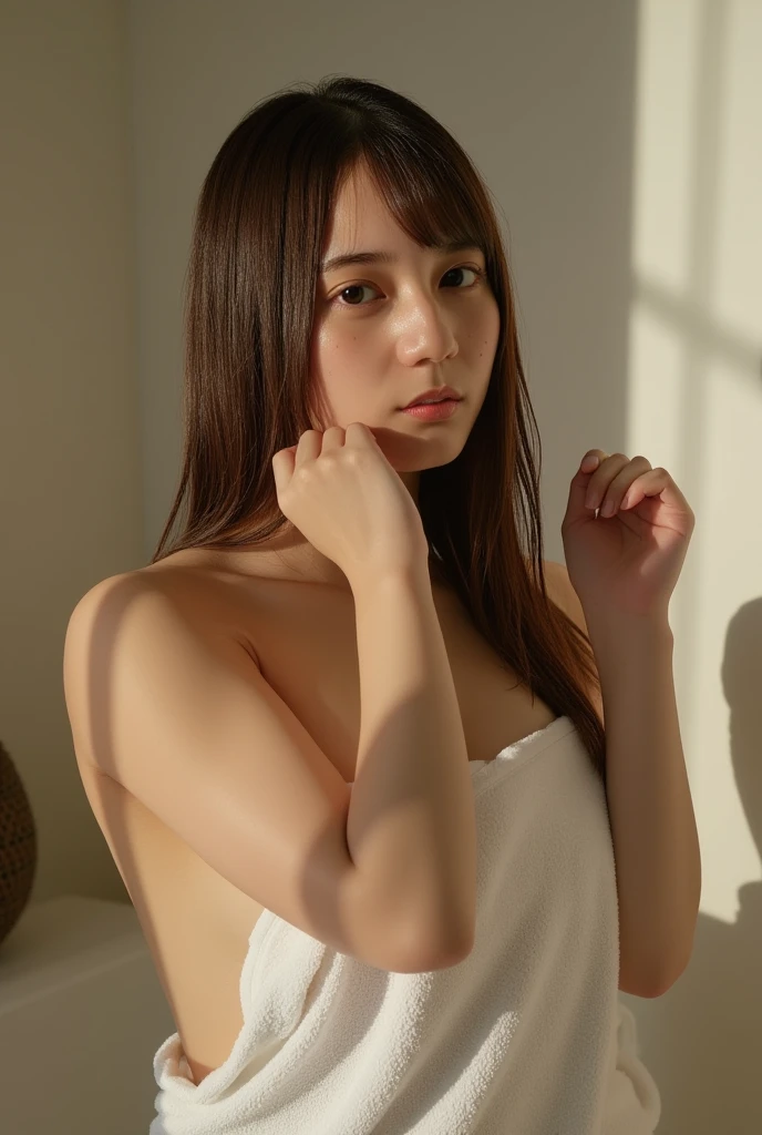 (((top-down configuration:1.4))), (best quality:1.4), (ultra highres:1.2), (photorealistic:1.4), (16k, RAW photo:1.2), (portrait shot:1.3), professional lighting, Japanese goddess, gravure, detailed face and skin texture, detailed eyes, looking at camera, nsfw, beautiful eyes, detailed eyes, beautiful face, detailed face, ((shy:1.5)), (blush:1.3), (highest quality), glowing skin, (smooth lighting:1.2), (cinema lighting:1.2), side view 1girl, ((naked towel:1.3)), ((her body is covered with towel:1.3)), (cleavage:1.3), ((large breasts:1.4)), (((bare thighs:1.3))), ((wet thighs:1.3)), ((thin thighs)) ((bare legs:1.2)), (bare feet), (in dressing room), ((steam fog:1.3)), ((sweat:1.5)), wet, (arms back head:1.4), ((emphasize armpits:1.4)), from side