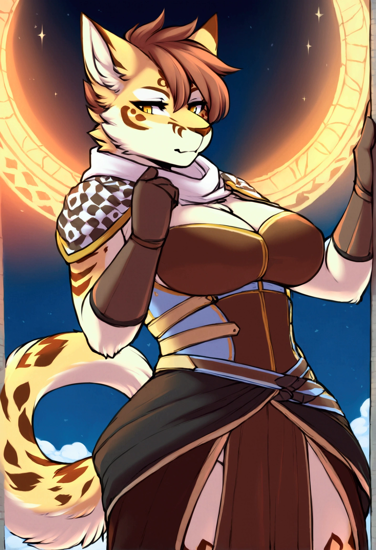 ((super high quality)), ((master piece)), girl khajiit, shinobi girl, artificial cat, furry cat, ((Only cat ears, There is no other)), ((there's a cat there'short fluffy tail on the back)), ((face clean)), beautiful cute face, beautiful woman's lips, charming beauty, ((stern look)), Close your eyes and look at the camera, ((Dark skin color, black leopard)), ((dark skin color)), body glare, ((detailed beautiful female eyes)), ((yellow-green eyes)), beautiful woman's hands, ((perfect woman image)), Ideal female body type, beautiful waist, big thighs, ((delicate and beautiful)), has a fascinating value, epic stance ((close up of face)), ((Ethnic clothing,Revealing tribal clothing, セクシーなEthnic clothing, sexy cleavage), background: Japan in the 16th century, prison, night, ((Depth of the bounds written)), ((High quality and clear images)), ((vivid details)), ((very detailed)), realistic, Professional photography session, ((clear focus)), ((comics)), anime, NSFW