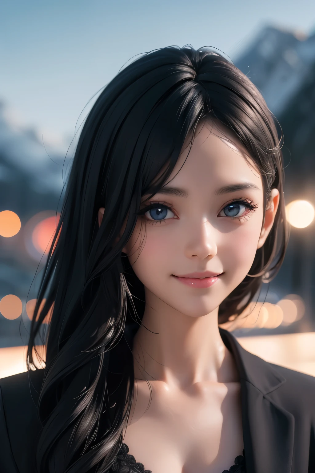 (ultra Realistic) , (illustration), (Enhance resolution), (8k), ( Extremely Detailed), ( detailed face ), Black Straight Hair, Slim Body, in the dark , deep shadow, low profile, pureerosfaceace_v1, Happy smile, Winter, Mountain