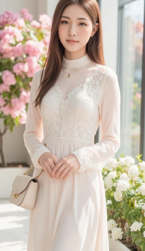 [Subject]: Young woman with A high-fashion editorial photograph of an elegant woman wearing an baju kurung kebarung 
[Details]: She wearing a ivory baju kurung kebarung , The dress decorate with intricate lace and floral embroidery, complemented by a matching long layered flowy cream hijab. 
[Environment / Background]: She stands gracefully in a luxurious indoor setting with soft, natural light streaming through tall windows. The background features pink and white flowers blooming A wide, down perspective reveals a polished white-tiled pathway, creating a dreamy and romantic ambiance.
[Lighting]: Soft, diffused lighting creates a cozy and warm atmosphere, illuminating the subject’s outfit,
[Style]: Photorealistic, highly detailed portrait.
[Mood / Atmosphere]: Festive, warm, and inviting,
[Camera Angle]: wide-angle shot (down perspective), capturing the subject stands on center
[Quality & Resolution]: Ultra-high resolution with sharp details, ensuring clarity in textures, colors, and light reflections.
[Other Specifics]: The luxury handbag.