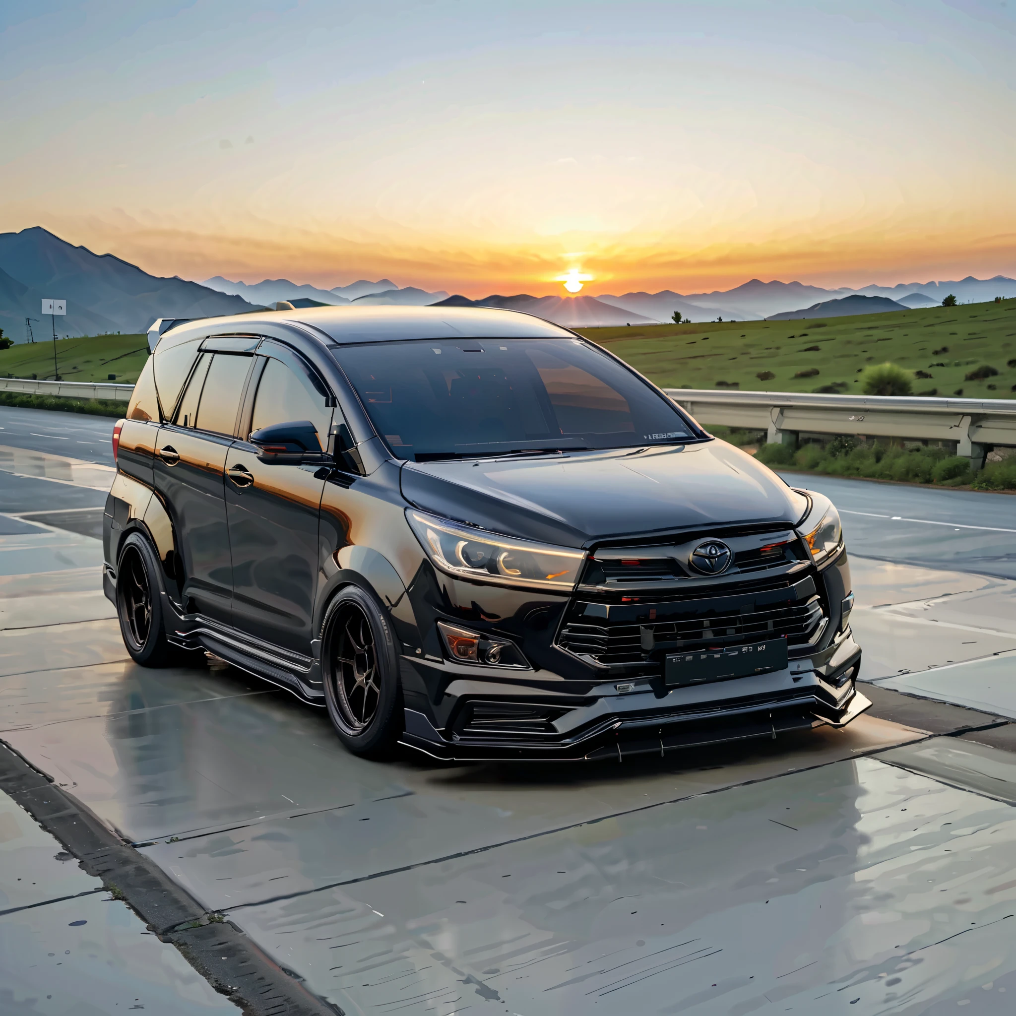 (best quality,highres,masterpiece:1.2),ultra-detailed,realistic,photorealistic:1.37,illustration, a photo of rbntrd car [Innova reborn trd], using sporty black wheels (glowing with tires) widebody sports car, Mountainous landscape, sunset, fast, plenty of détails, distant view