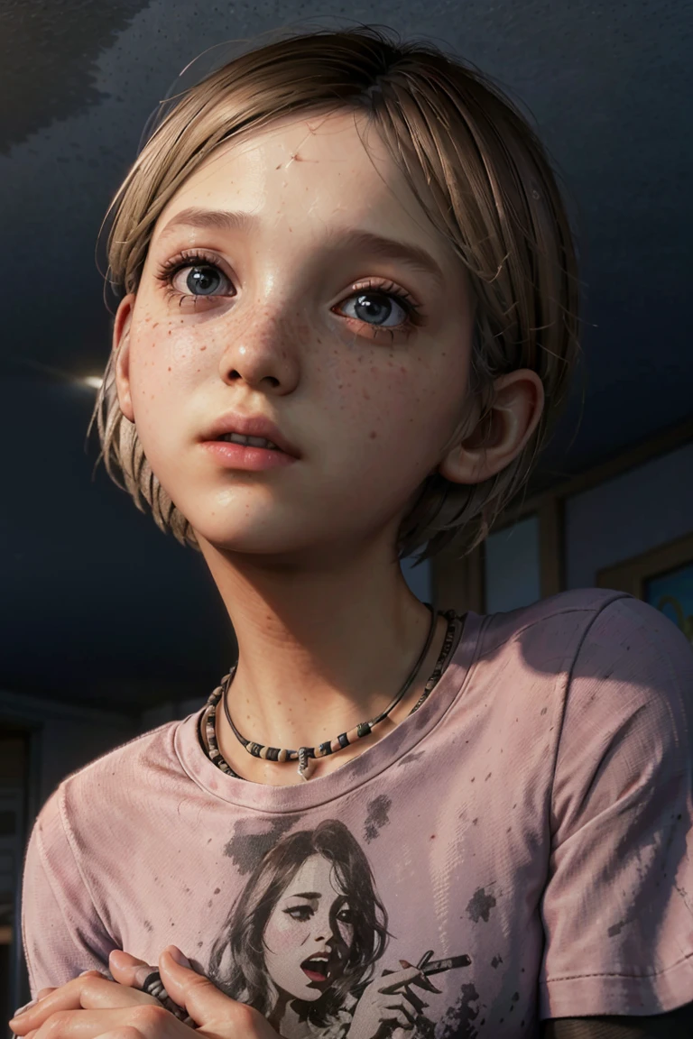 (realistic photo:1.2) a full body image of 12 years old Sarah Miller she is standing straight,short hairs, blonde, focus on the face, beautiful detailed blue eyes, happy,  wearing a full bikini, necklaces, llooking over, from side,
skin details, freckles,
