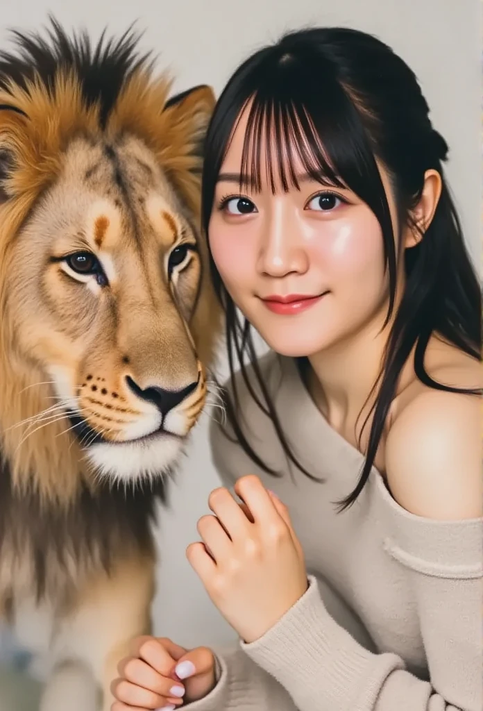   lion と触れ合う女性 ,masterpiece,  top quality , 8k, 20 years old, Teen,   RAW photo ,   absurd ,   award winning portrait , 笑face, Alone, (  lion :1.8), Idol&#39;s face,   Delicate Girl,   upper body,   dslr,   viewers , Frank, Sophisticated,Thin arms,     professional lighting  ,   Film Grain,  Color Difference, ( 目とfaceの詳細 :1.0), (blouse:1.1) , (  denim skirt :1.1) ,   close their mouth  ,   black hair , Droopy eyes , large full breasts , ( Thick lips:1.2) ,   face