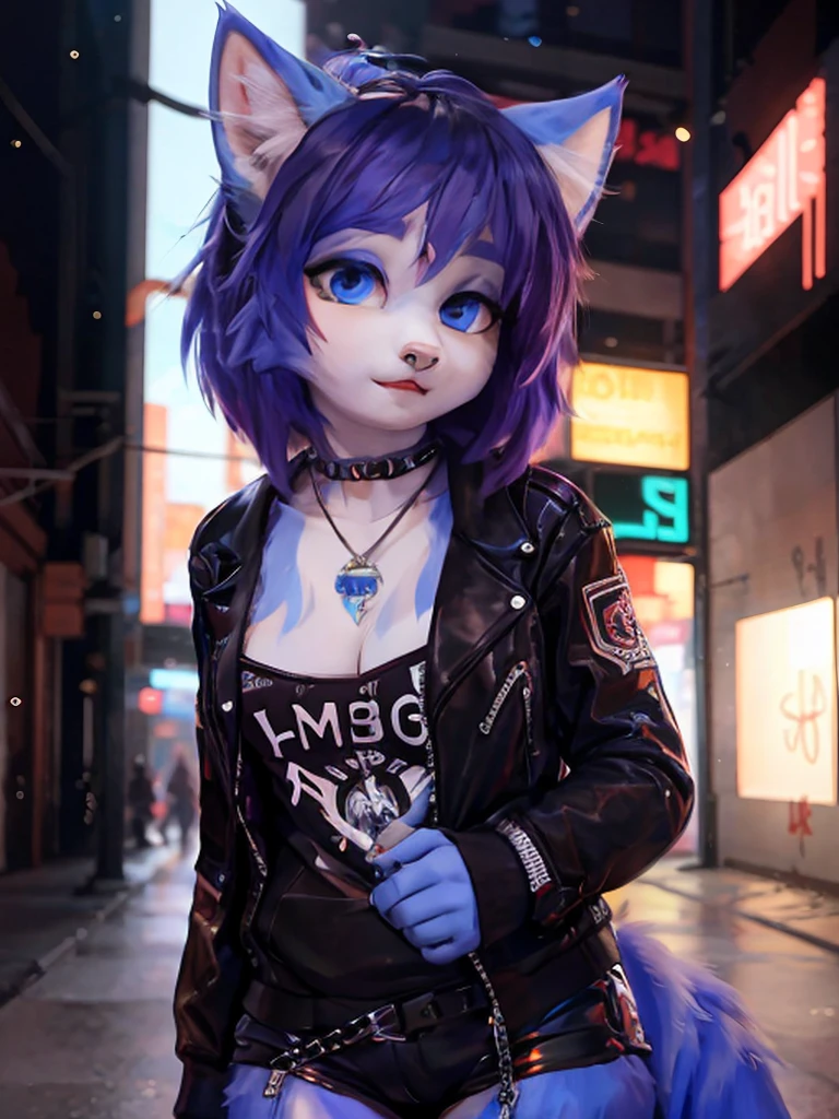 full body image of a stylized character with a futuristic, cyberpunk aesthetic. The character has bright blue hair with purple highlights, and their eyes are enhanced with blue and pink makeup, giving them a cybernetic appearance. They wear a black jacket with pink and blue accents, and there are various patches and patterns. standing and there is robotic pet dog with her. The background suggests a neon-lit urban environment, which is typical of the cyberpunk genre. The overall look is bold and fashionable, with a strong emphasis on technology and modern, high-tech fashion,