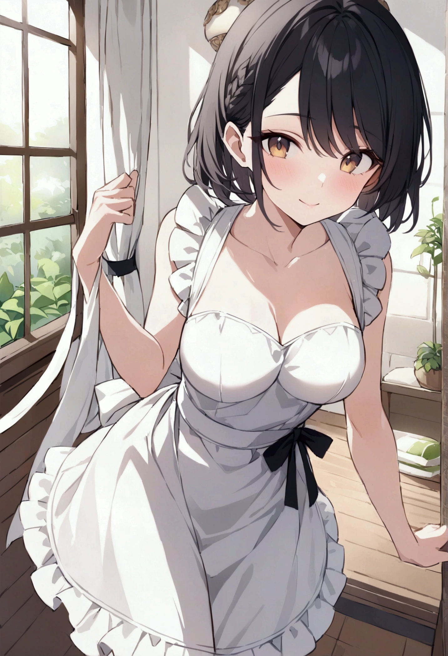 (((masterpiece, highest quality:1.3))),cowboy shot,25 year old beauty, solo,((very small head:1.2)),short bob hair,bangs,black hair,black eyes,blush,smile,medium breasts,(((very long body,slender body))),skinny,gleaming skin,oily skin,(japanese maid uniform,White brim,mini skirt),white_thighhighs,standing,garden、Trees、Garden of a large old mansion、