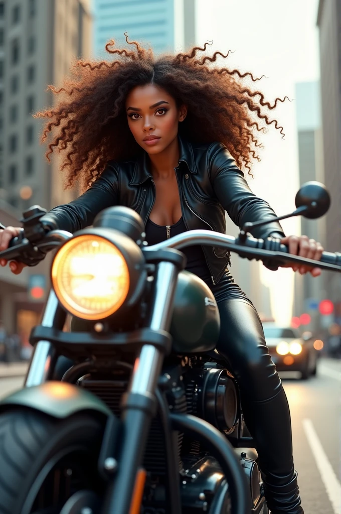 (photorealism:1.2),
Imagine a stunning Black African girl with a gorgeous, full afro hairstyle. Her hair is voluminous, framing her face beautifully, and giving her a confident, sexy look. She's sitting on a sleek, expensive motorcycle, the kind that screams luxury and power. The motorcycle has a polished, metallic finish, maybe in a dark color like black or deep red, with intricate details that show its high-end quality. She’s posed in a way that shows off both her natural beauty and the curves of the bike, exuding confidence and allure. The setting could be a vibrant urban street at dusk, with city lights reflecting off the motorcycle’s chrome, adding to the overall sexiness of the scene.