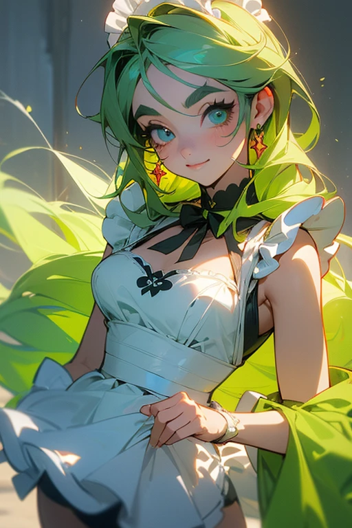 masterpiece、top-quality、extremely delicate and beautiful女性、full bodyesbian、cleavage of the breast、extremely delicate and beautiful、Very elaborate、girl with,opening legs、(green colored hair、Hair splashed outside、bangss)、hyperdetailed face、A detailed eye、Hanging、sparkling yellow eyes、Red cheeks、narrow her eyes、Open mouth、sad Facial expression、White dress,