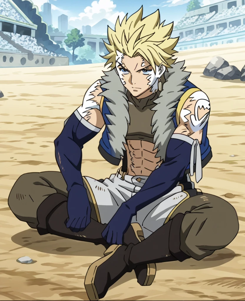 score_9, score_8_up, score_7_up, source_anime, rating_safe, StingFT, Sting drive blonde hair, light yellow Sting single earring, white Sting facepaint, white Sting bodypaint, white ST tattoo, Sting scar, 1boy, male focus, anime screencap, blue-gold fur-trimmed Sting crop top vest, brown Sting crop top, blue Sting elbow gloves, grey Sting pants, grey Sting armband ribbon, brown-yellow Sting suspenders, black-yellow Sting thigh boots, cropped feet, sitting,