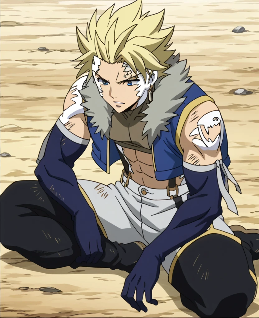 score_9, score_8_up, score_7_up, source_anime, rating_safe, StingFT, Sting drive blonde hair, light yellow Sting single earring, white Sting facepaint, white Sting bodypaint, white ST tattoo, Sting scar, 1boy, male focus, anime screencap, blue-gold fur-trimmed Sting crop top vest, brown Sting crop top, blue Sting elbow gloves, grey Sting pants, grey Sting armband ribbon, brown-yellow Sting suspenders, black-yellow Sting thigh boots, cropped feet, sitting,