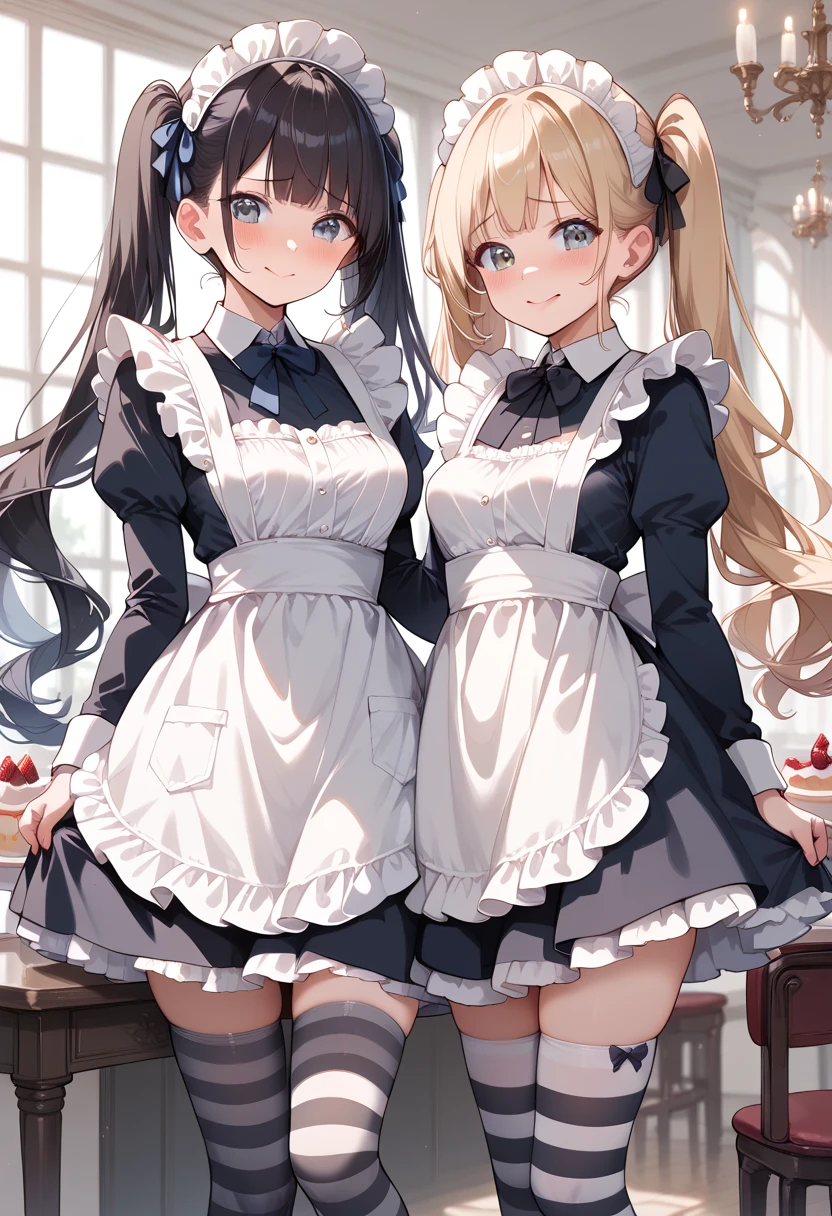Maid with big breasts, best rating on pixiv, Beautiful anime works, clean detailed anime art ((Ideal Anatomy)) ((2 pairs of hands)) ((Ideal Anatomy)) Five fingers on each hand, long hair, inside the coffee there is a cozy tray with coffee in hands