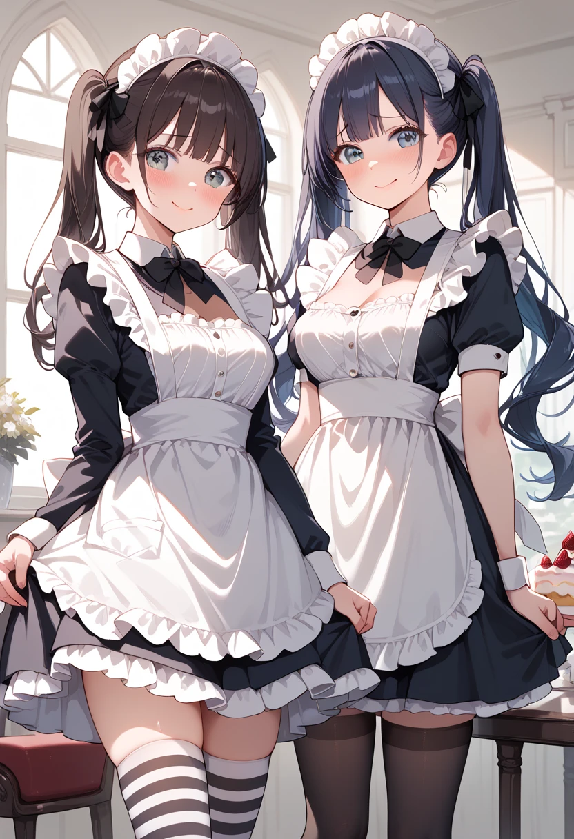 ((masterpiece, best quality, ultra detailed, high resolution, detailed facial description)), (2 girls:1.3, Girls with height differences), (1 girl is tall:1.2, black long hair), (1 girl is short:1.2, twin tails), (maid, maid headdress, maid apron), (mini skirt:1.2, black and white striped thigh highs:1.1), (skirt lift:1.2, show panties:1.1), (modest breasts:1.3), (good smile, embarrassed:1.2, blush:1.3), (spoken heart), standing, (inside, maid cafe, Cake on the table), nsfw