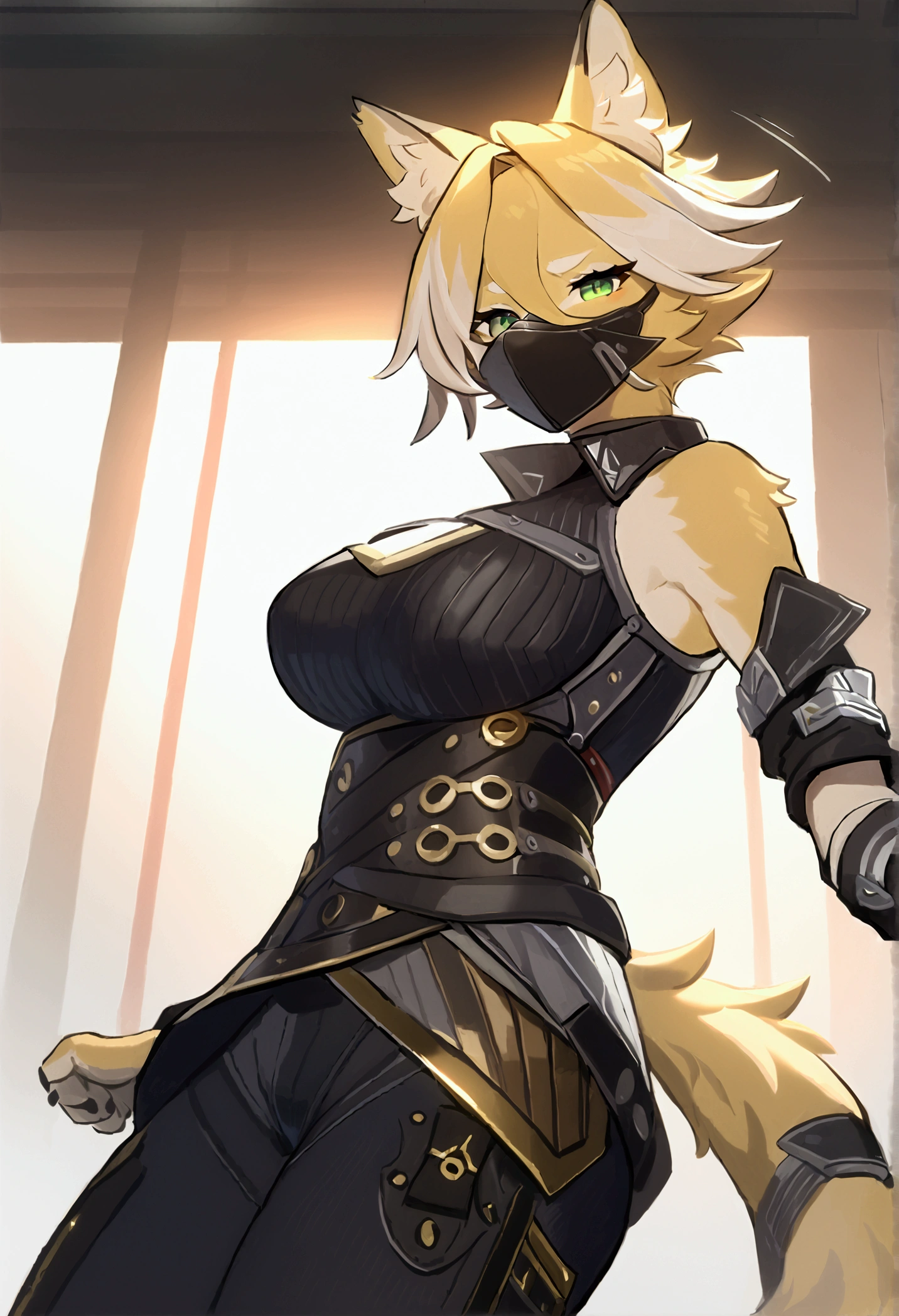 (top quality, best quality, High-quality illustrations, masterpiece, perfect artwork, cinematic light and shading, 16k, 1080p, uploaded on e621)(kemono, furry, anthro, alone), 1 larger female, (very detailed body, face, tail, arms, hands, legs, head and eyes), Assasin’s Creed, cat, Pulchra, (Zenless Zone Zero), big breasts, yellow fur, fluffy, striped fur, striped body, cat ears, cat fluffy tail, cat cute hair, perfect eyes, green eyes, black pupils, wearing a mask, beautiful Assasin outfit, beautiful Assasin armor, body movement, body twitching, jiggle physics, dancing, trying to flirt, looking at viewer