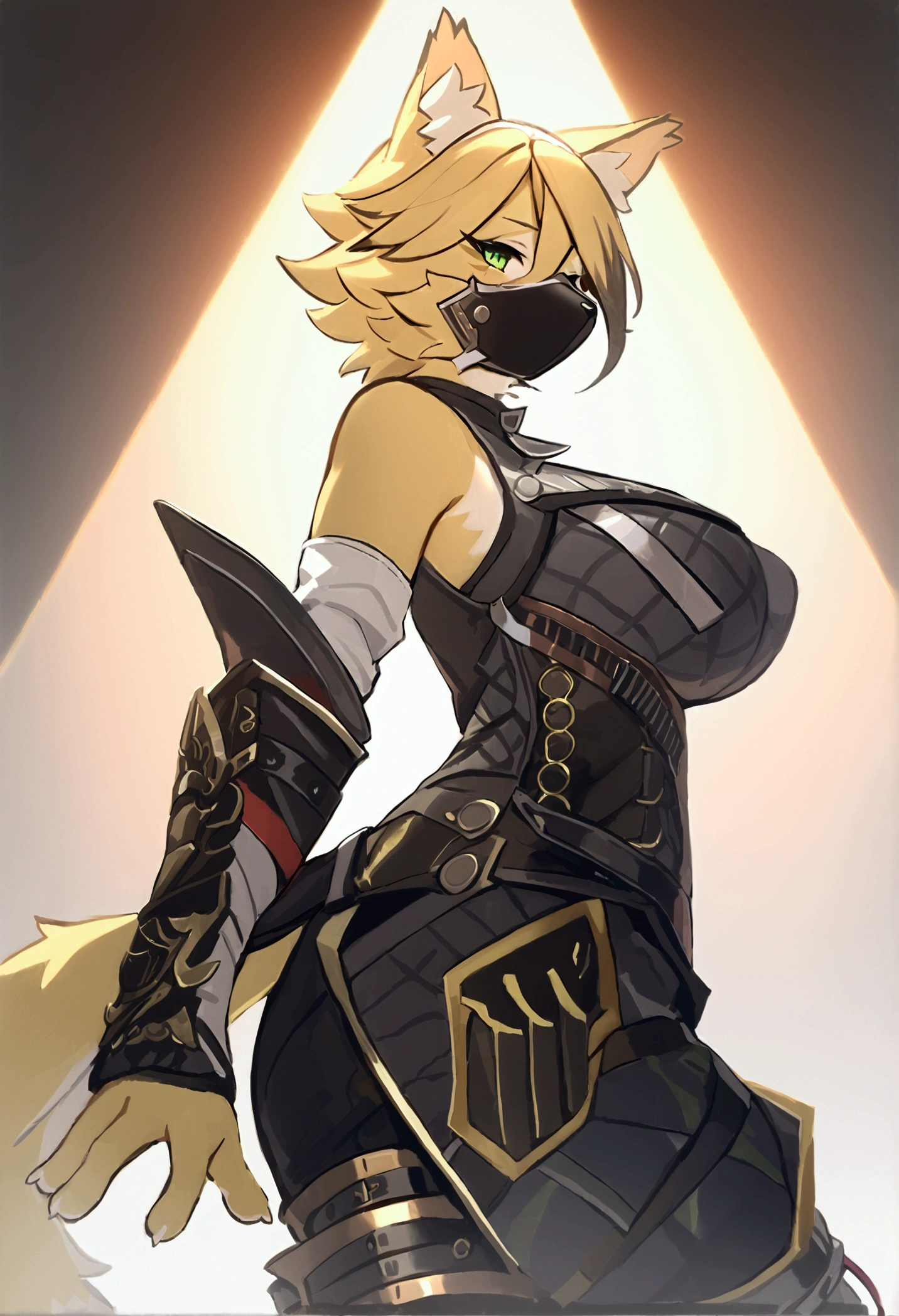 (top quality, best quality, High-quality illustrations, masterpiece, perfect artwork, cinematic light and shading, 16k, 1080p, uploaded on e621)(kemono, furry, anthro, alone), 1 larger female, (very detailed body, face, tail, arms, hands, legs, head and eyes), Assasin’s Creed, cat, Pulchra, (Zenless Zone Zero), big breasts, yellow fur, fluffy, striped fur, striped body, cat ears, cat fluffy tail, cat cute hair, perfect eyes, green eyes, black pupils, wearing a mask, beautiful Assasin outfit, beautiful Assasin armor, body movement, body twitching, jiggle physics, dancing, trying to flirt, looking at viewer