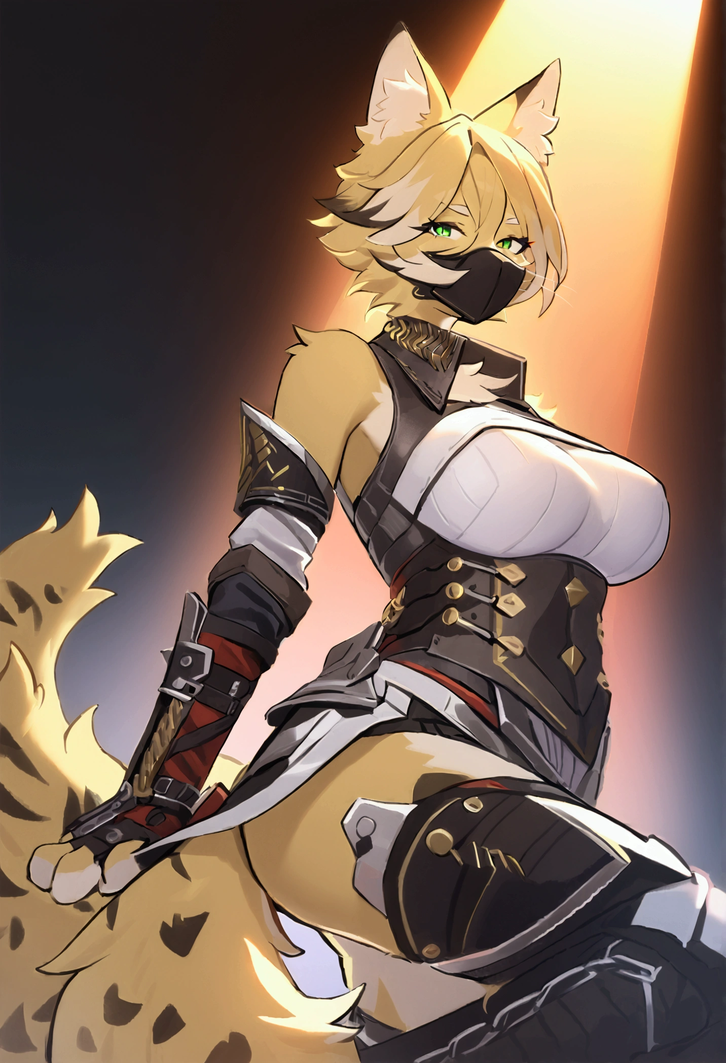 (top quality, best quality, High-quality illustrations, masterpiece, perfect artwork, cinematic light and shading, 16k, 1080p, uploaded on e621)(kemono, furry, anthro, alone), 1 larger female, (very detailed body, face, tail, arms, hands, legs, head and eyes), Assasin’s Creed, cat, Pulchra, (Zenless Zone Zero), big breasts, yellow fur, fluffy, striped fur, striped body, cat ears, cat fluffy tail, cat cute hair, perfect eyes, green eyes, black pupils, wearing a mask, beautiful Assasin outfit, beautiful Assasin armor, body movement, body twitching, jiggle physics, dancing, trying to flirt, looking at viewer