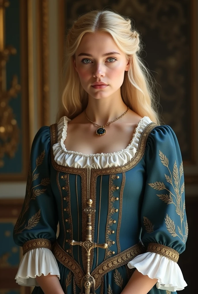 wrc style, beautiful woman, blond, sitting, royal outfit, royal chamber, medieval setting